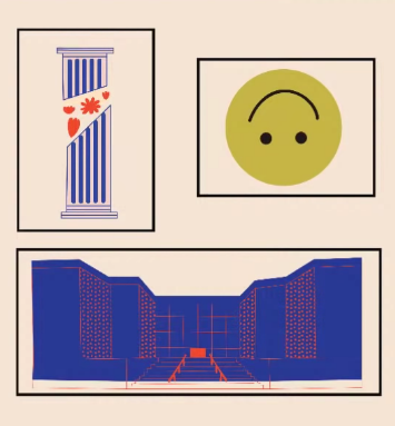 Three illustrations: an upside-down smiley face, a classical architectural perspective drawing, a column split with shapes in the split