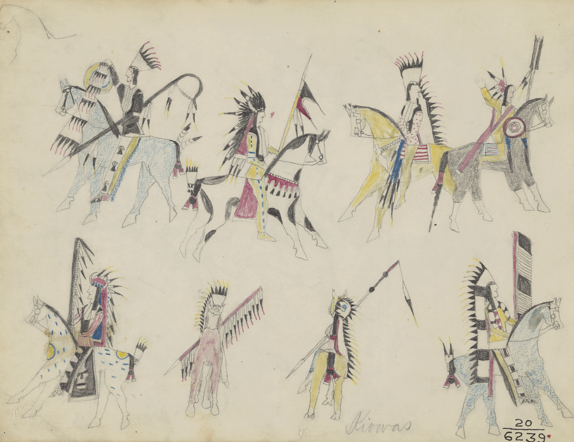 Stylized drawing of eight Native Americans on horseback, rendered in black and pastel blues, yellows, and pale reds. They are elaborately dressed, wearing headdresses and carrying feathered spears. 