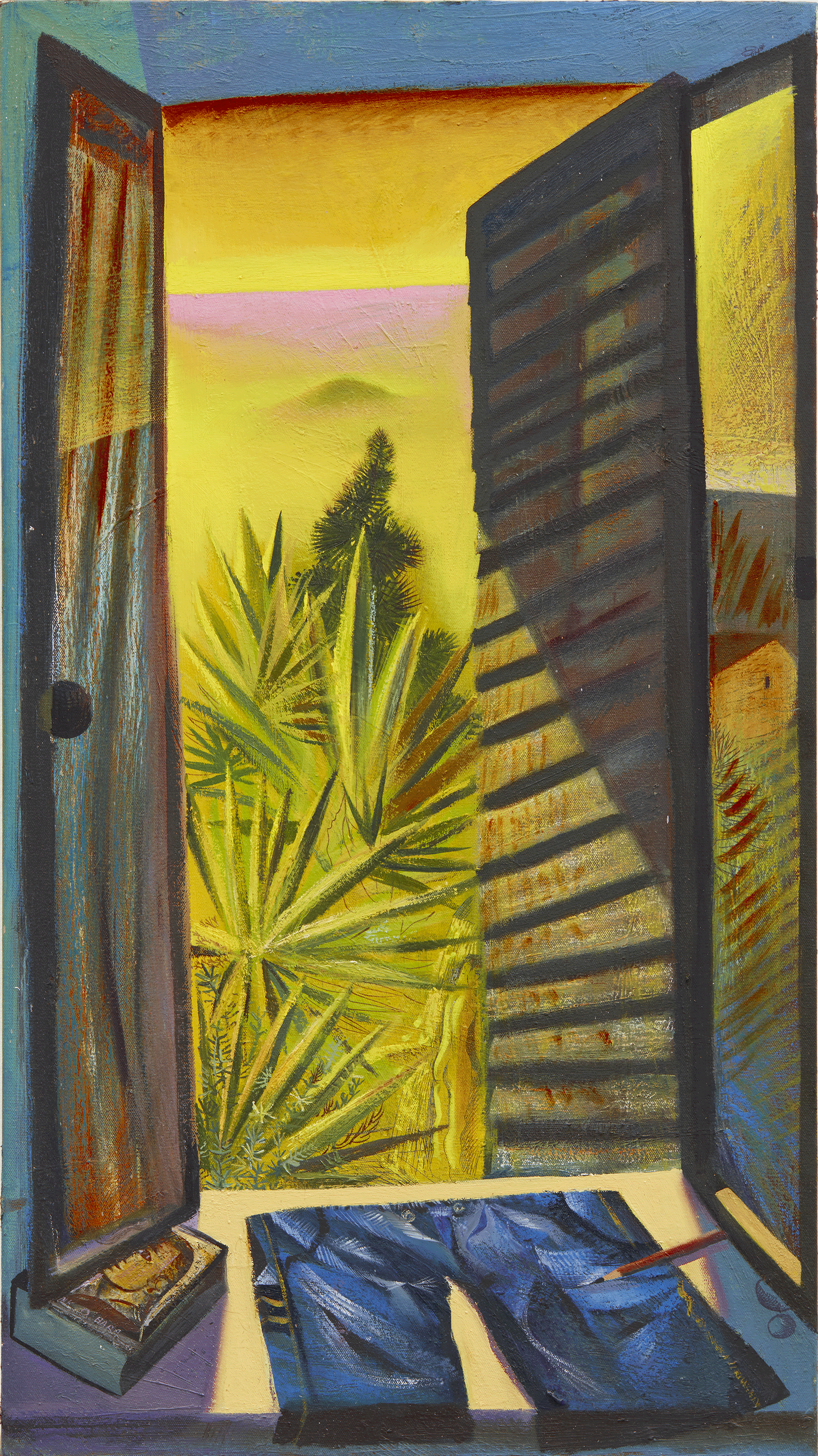 Vibrant stylized painting looking out a window onto vegetation and a pink and yellow sky. A pair of shorts and a book rest on the windowsill.