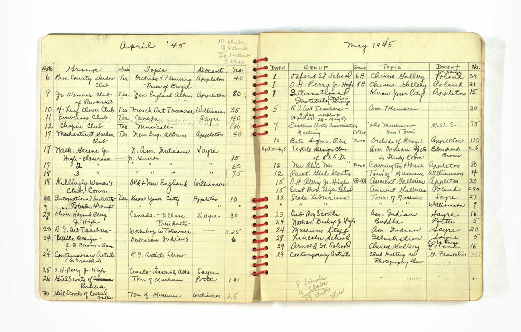 A 1945 register of tours, including school/organization names, tour topics, and assignments of education department staff and volunteer docents. Courtesy of the RISD Archives