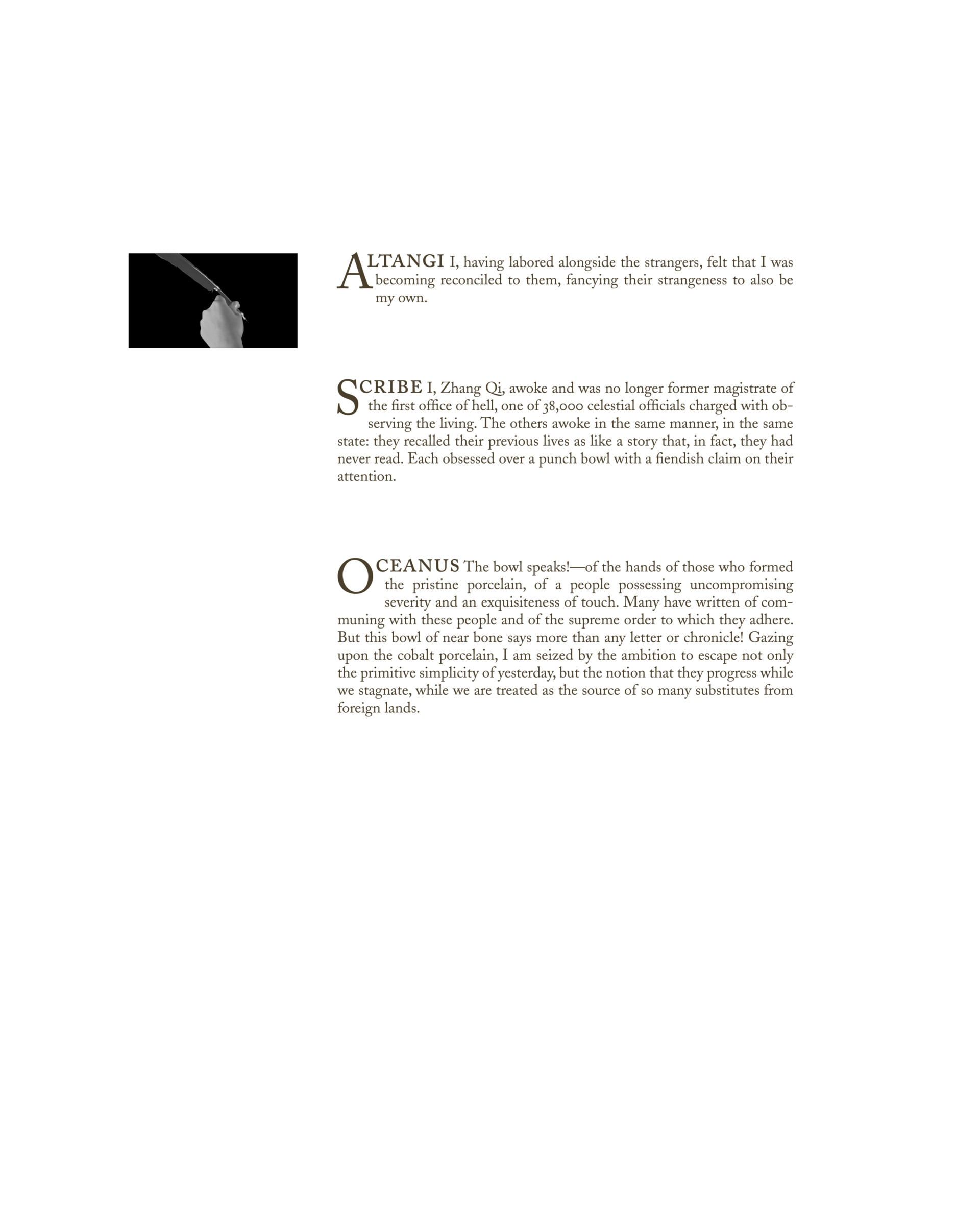 Pendleton Collection Catalog Page: Script text with Altangi, Scribe, and Oceanus, with a black and white photograph of a hand with a quill
