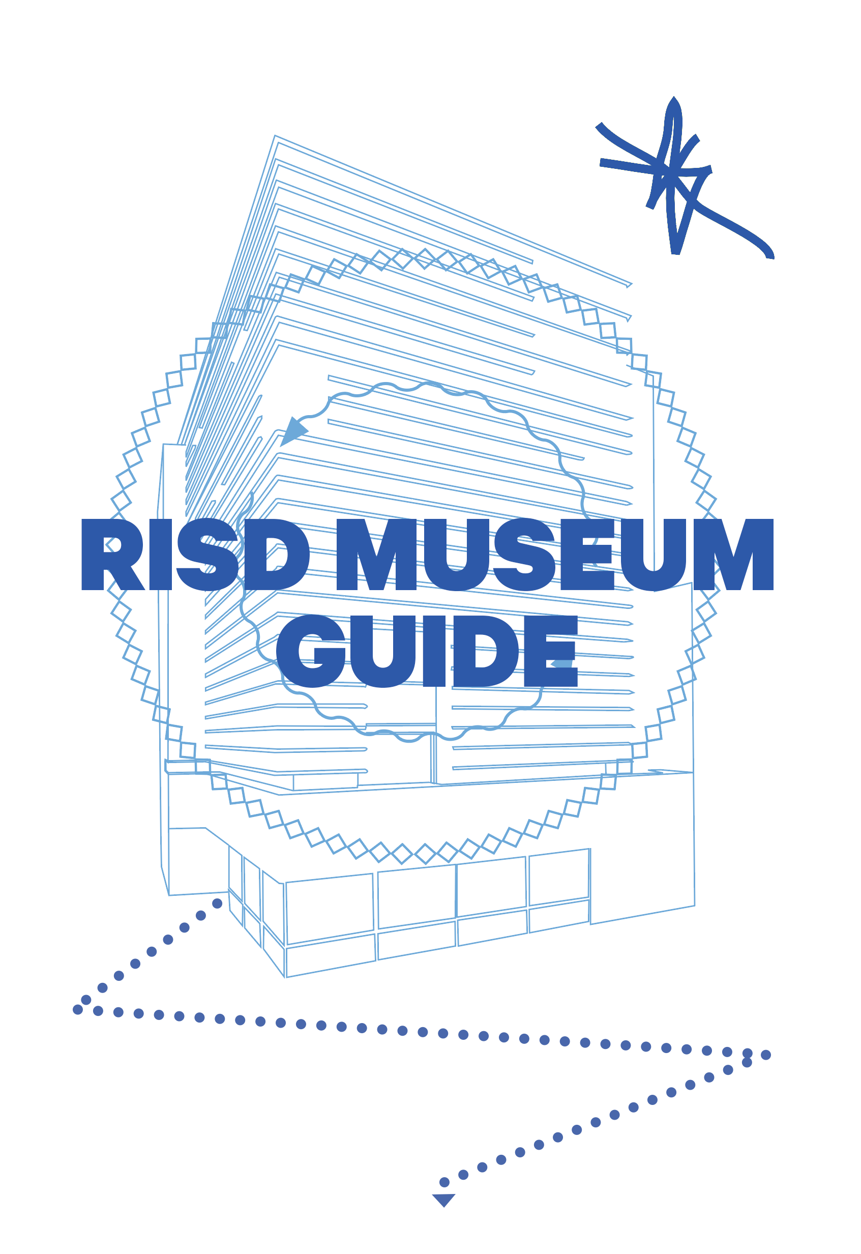 blue line drawing of the Chace center with concentric circles emerging and a yellow asterisk above