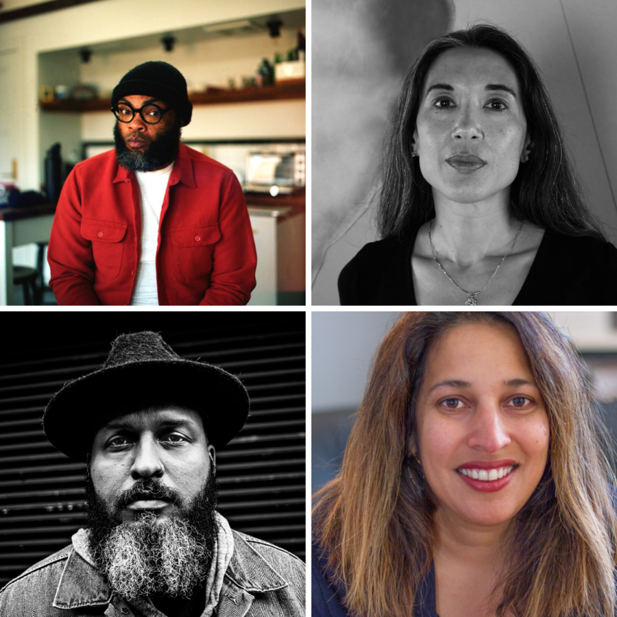 Grid of four photographs of four contemporary poets. The top two images are of Jerriod Avant and Tina Cane. The bottom two images are of John Murillo and Pragaeeta Sharma.