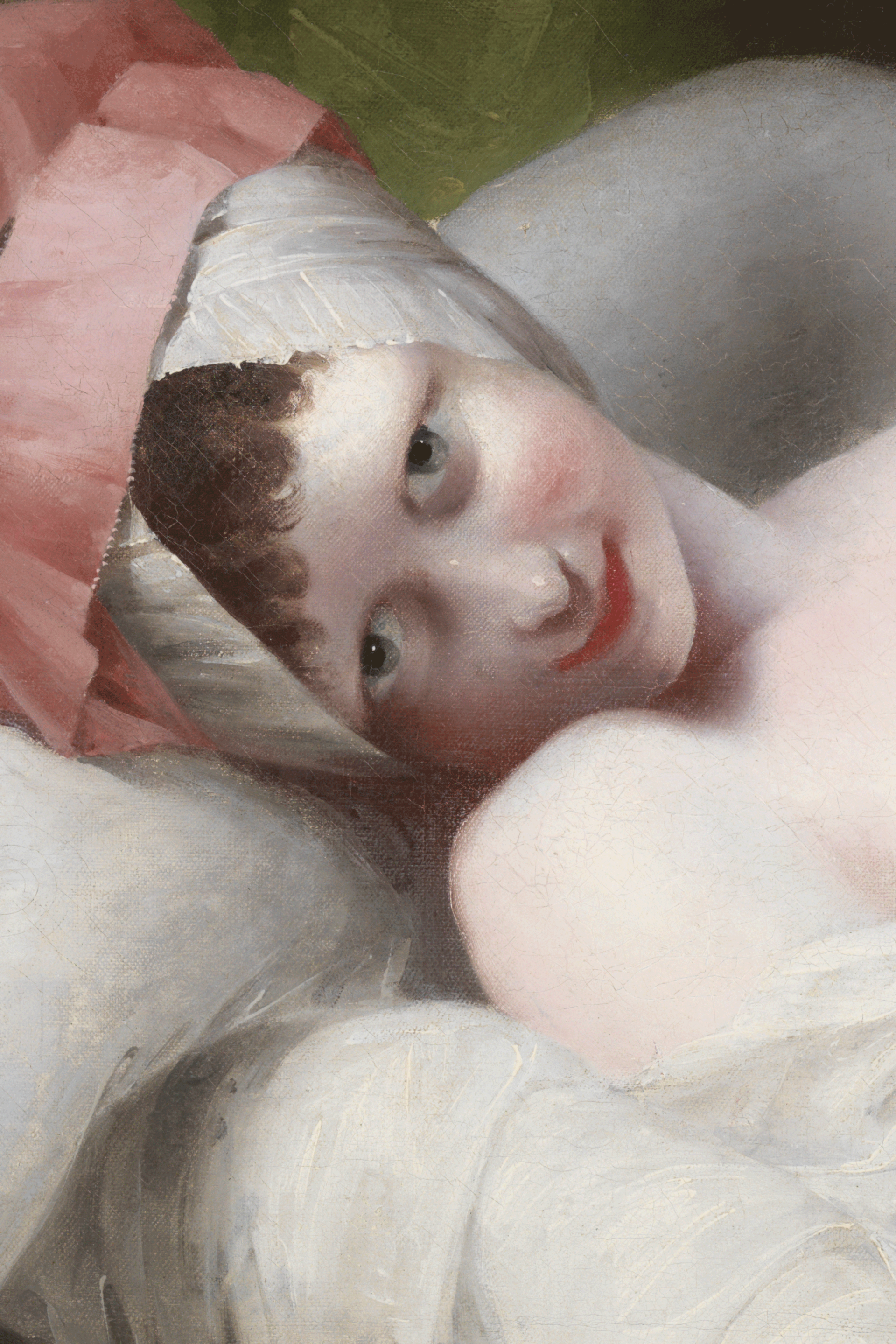 Painting of a very light-skinned young woman, lying in bed, making intense, suggestive eye contact with the viewer. Her breasts are exposed and she wears a pink and white headcovering.