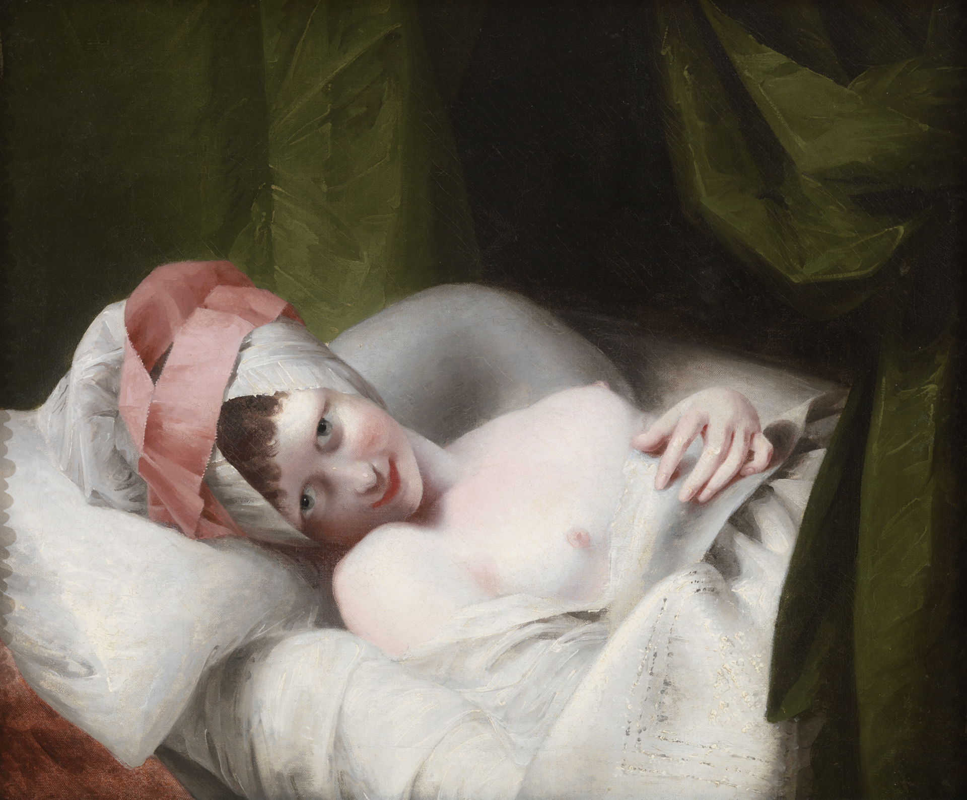 Painting of a very light-skinned young woman, lying in bed, making intense, suggestive eye contact with the viewer. Her breasts are exposed and she wears a pink and white headcovering.