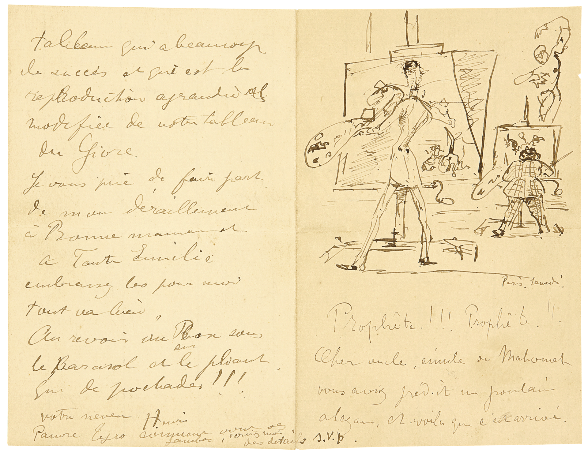 At left and bottom right is handwritten text in French. At top right is a sketch of a tall artist and a short artist painting at easels.