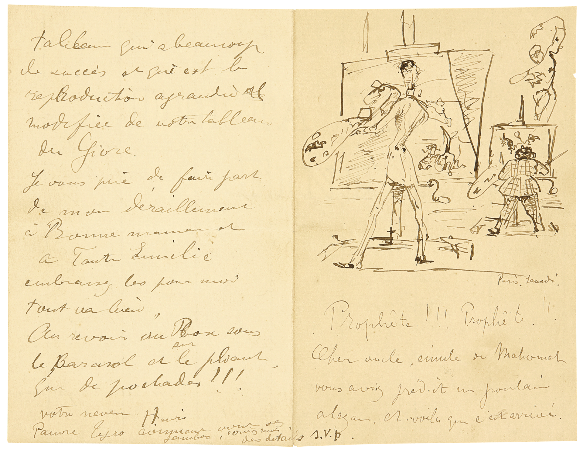 At left and bottom right is handwritten text in French. At top right is a sketch of a tall artist and a short artist painting at easels.