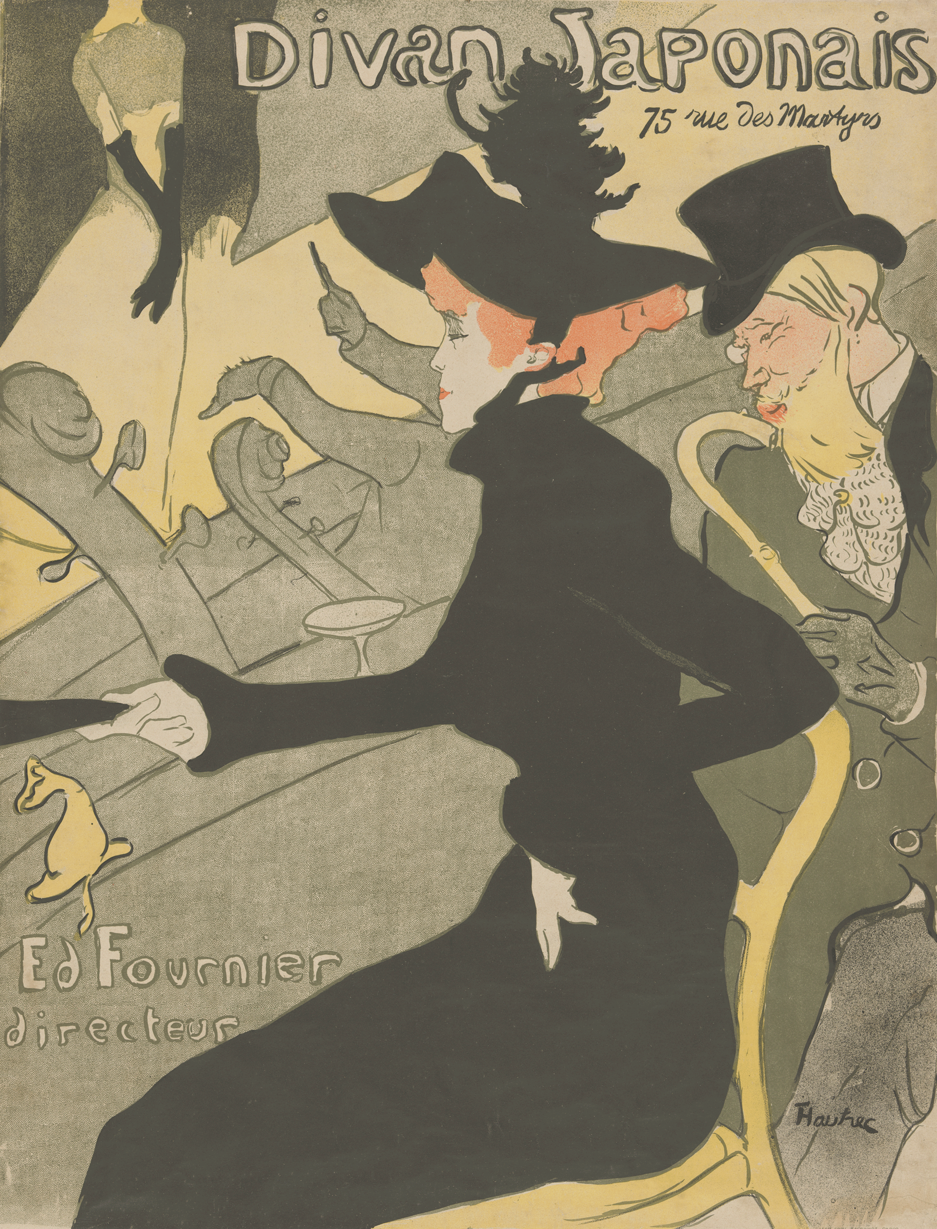 A red-haired light-skinned woman in a black dress and a blonde bearded man in top hat sit in profile before a performer onstage. Strong diagonals in greens, yellows, and blacks. Script at top reads: “Divan Japonais, 75 rue des Martyrs.”