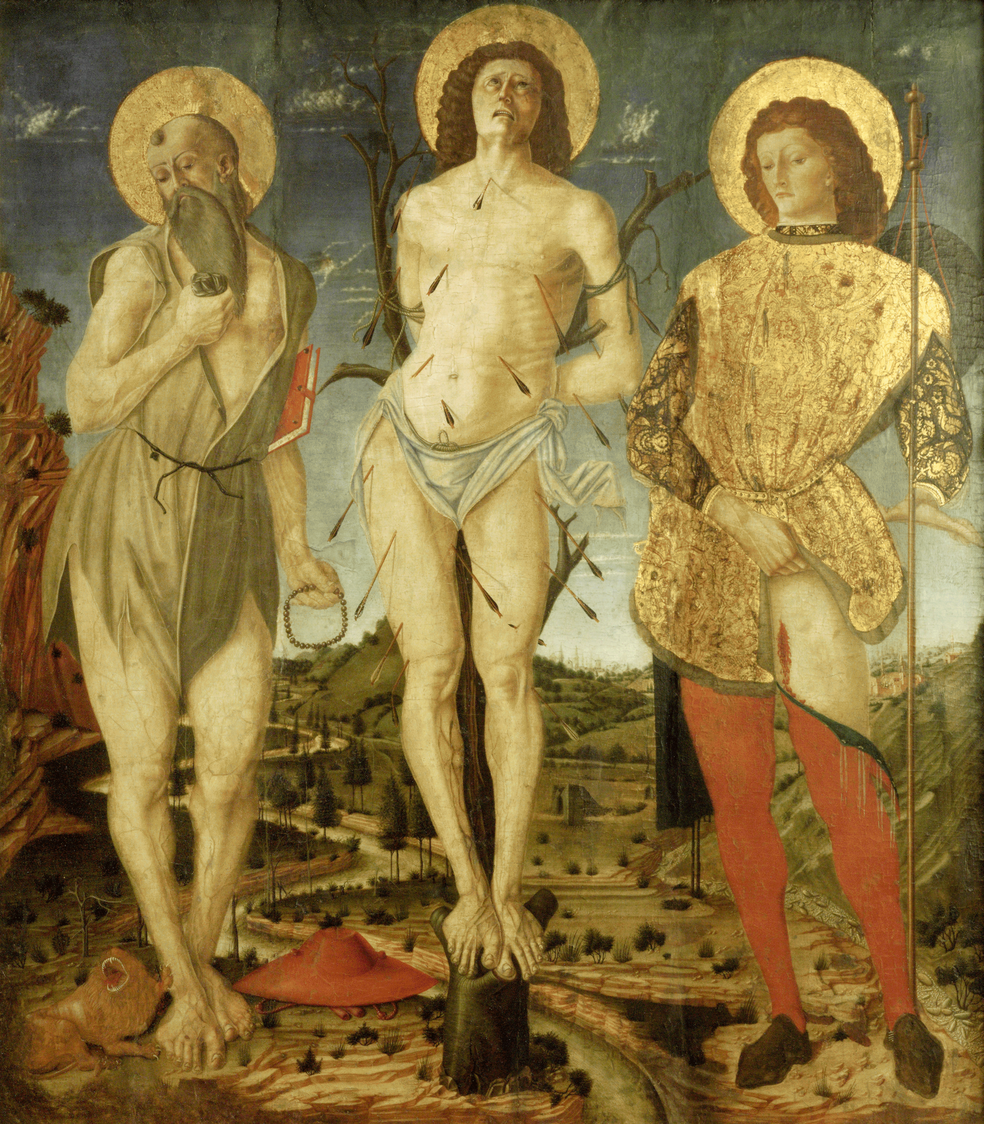 Painting in rich tones of three gold-haloed figures. From left: old man wearing rags, nearly naked man pierced with arrows, young man wearing fancy clothing displays his injured thigh.