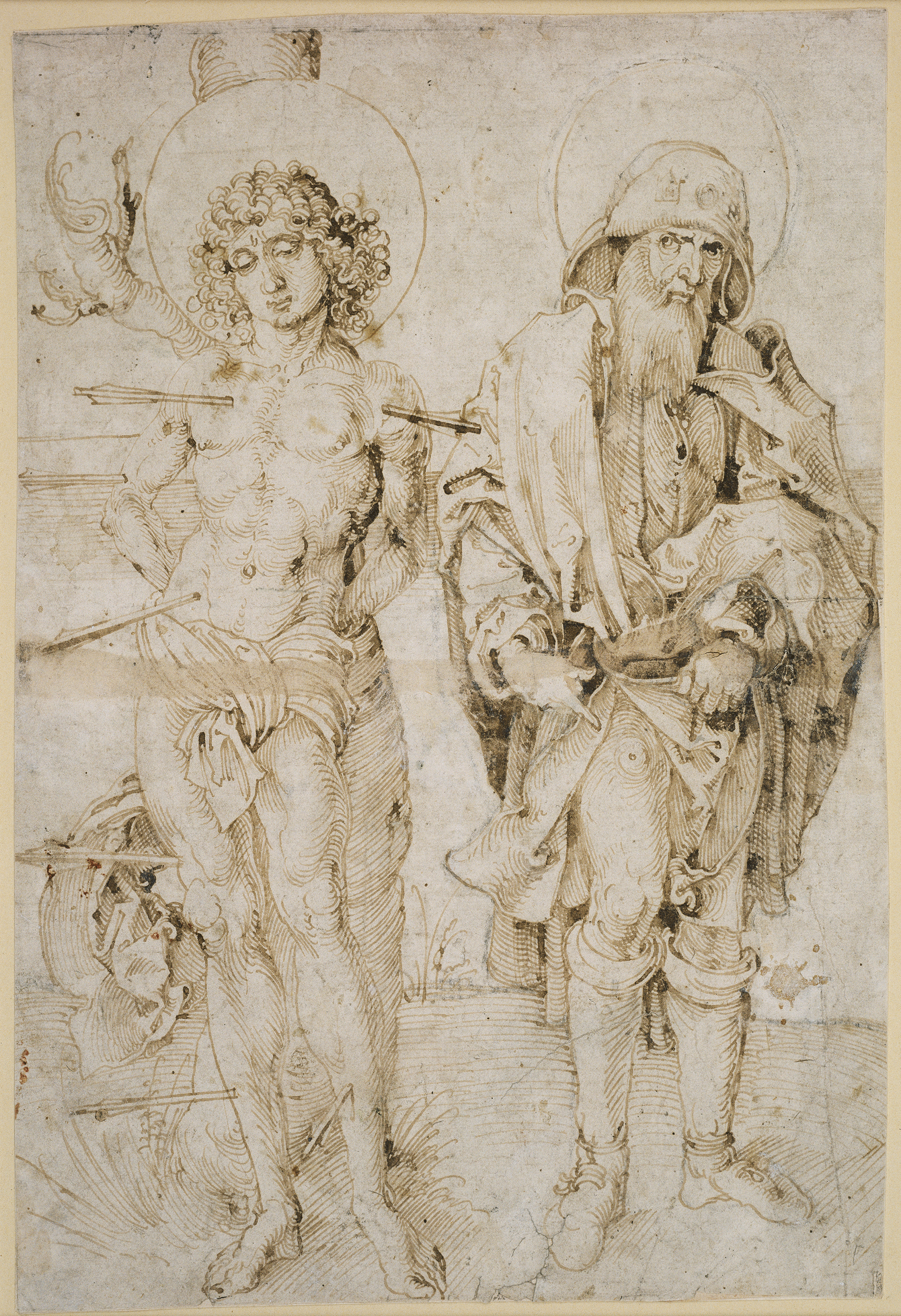 Brown-ink drawing of two men, both with halos. Figure at left is nearly nude and pierced with arrows. Figure at right parts his cloak to reveal his injured thigh.