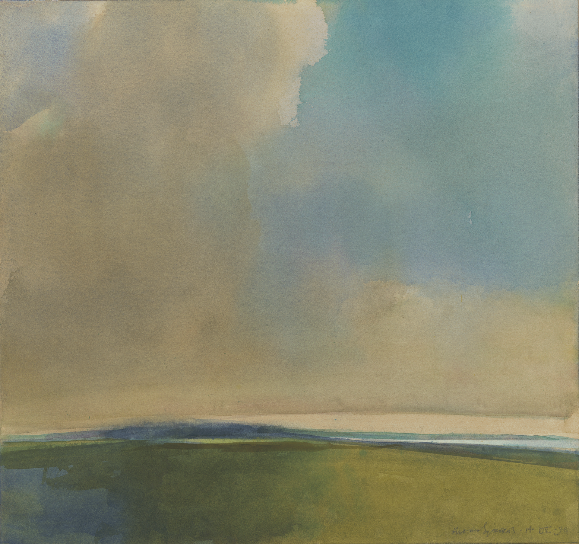 Hazy watercolor illustrates a green landscape and blue mountain in the distance. Most of the work is covered by a large, deep-yellow and gray cloud filling the otherwise teal sky.