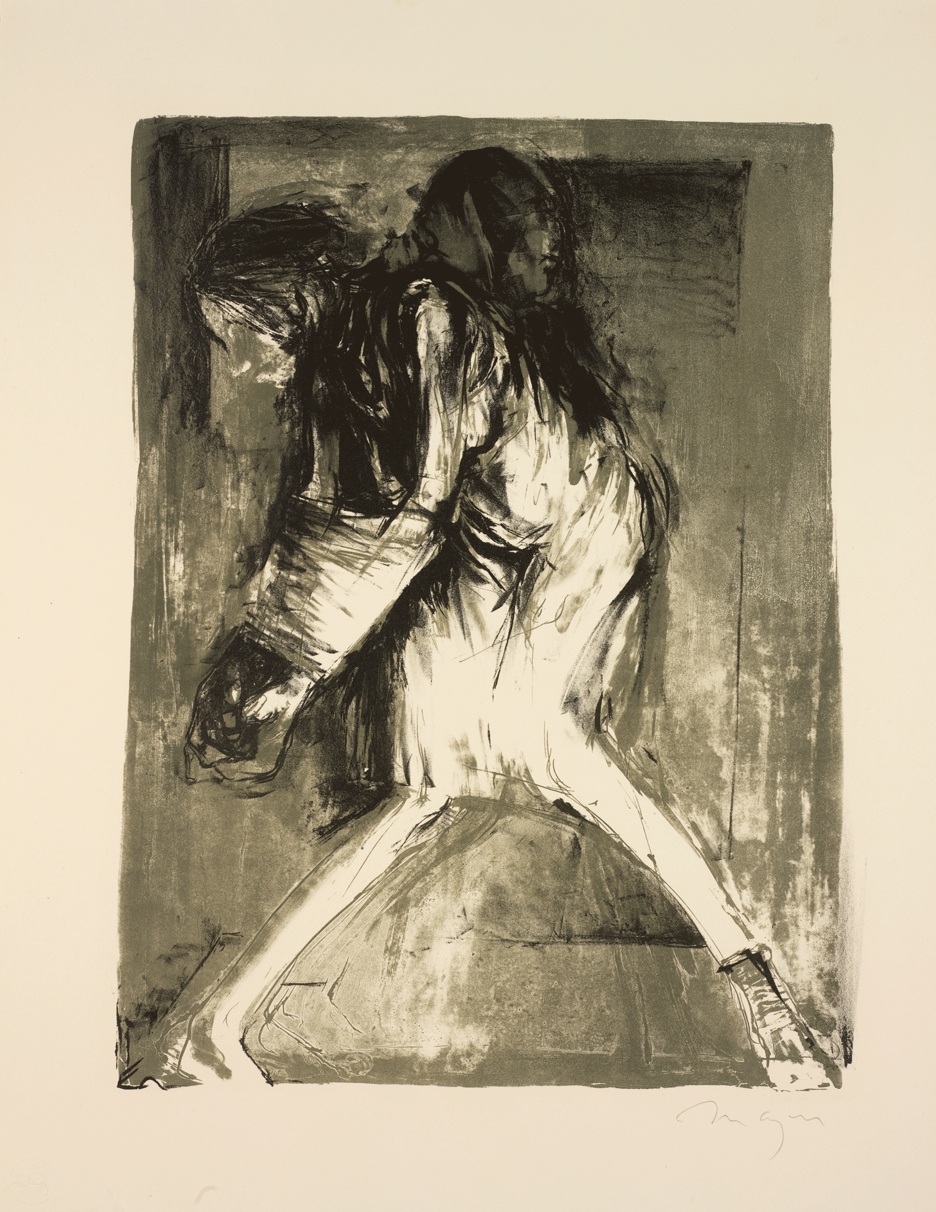 Streaky, eerie print of a tortured, hunched woman in a room lit from below. She is in a knee-length gown with her knees bent inwards. Her arms are bound together.