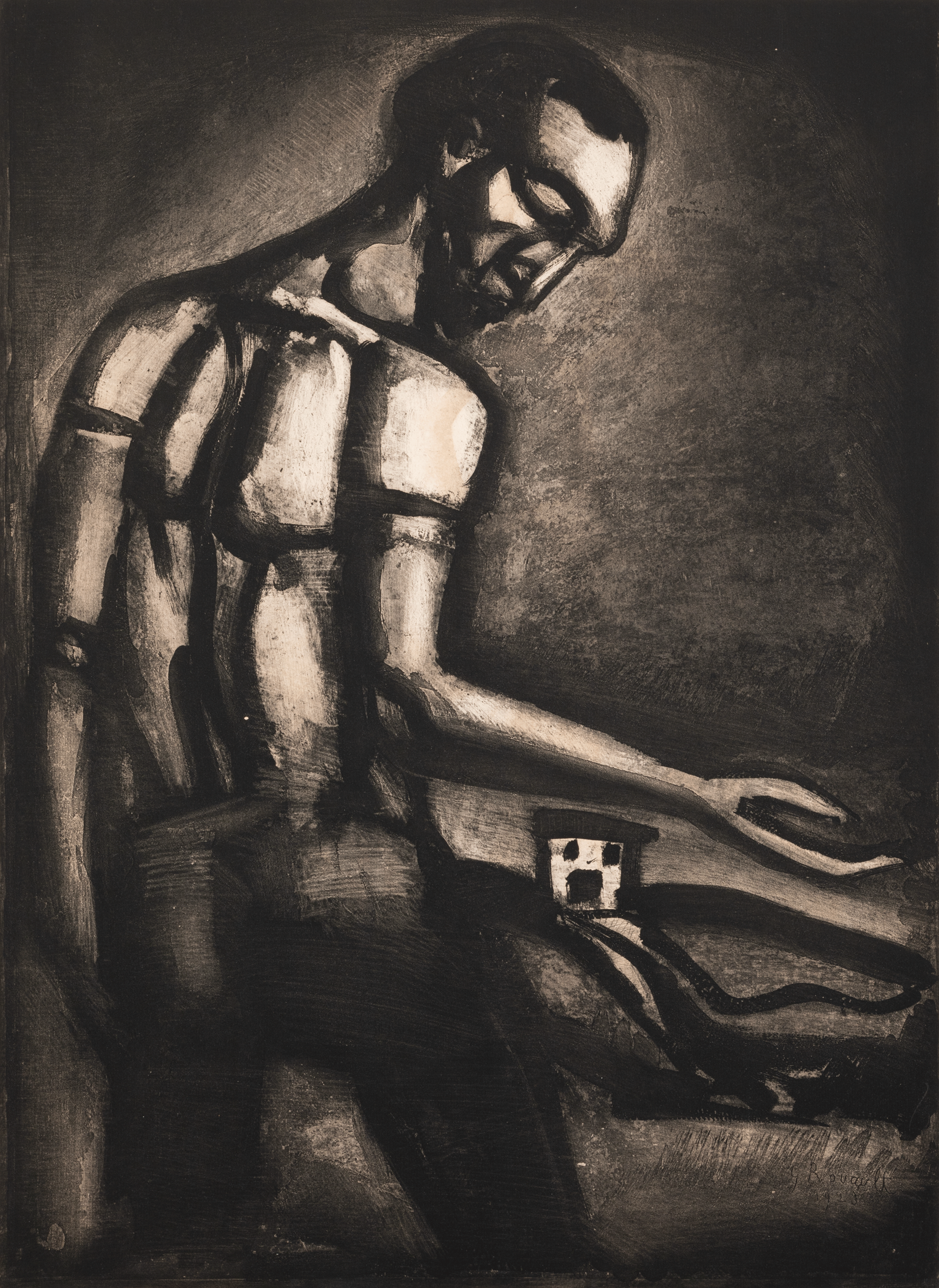 Thick lines of black depict a heavily-shadowed man kneeling in a dark space. Looking to his right, he holds out a bent arm. Next to him is a small object. 