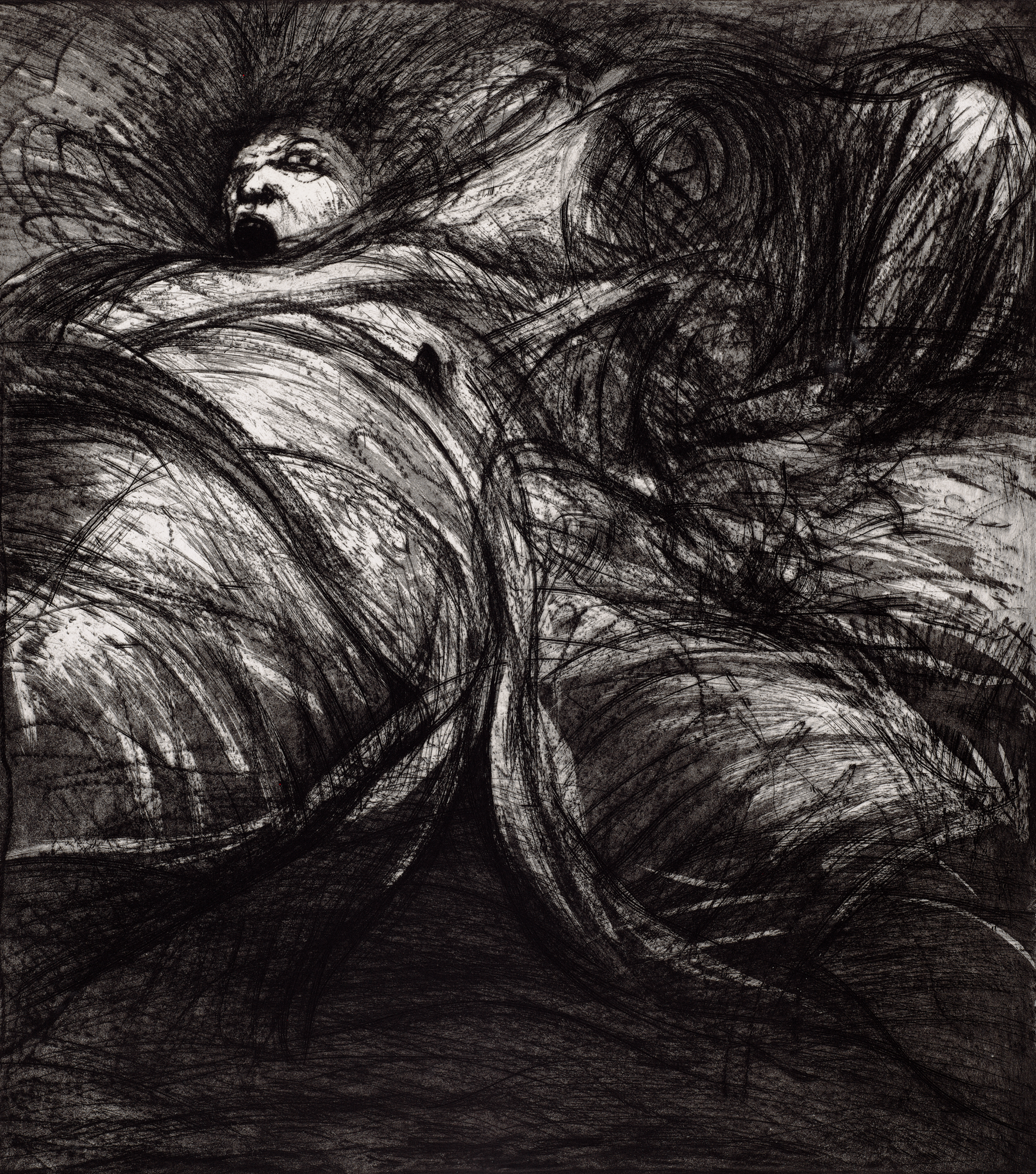An energetic etching composed of large scrawled strokes depicts a screaming man, collapsed, and wrapped in cloth.