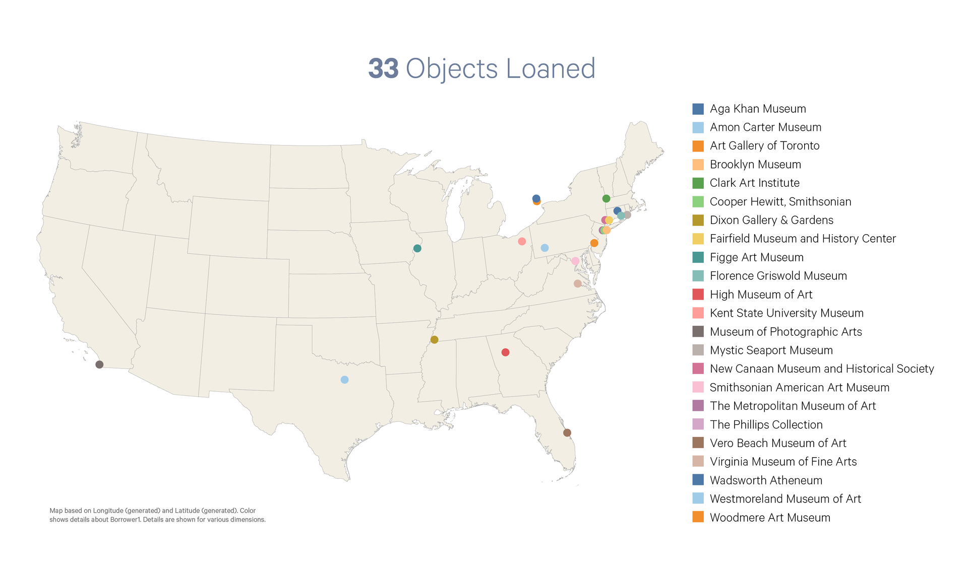 A map of the USA displaying the locations of 33 objects loaned out by the RISD Museum. The map’s label contains a list of the museums.