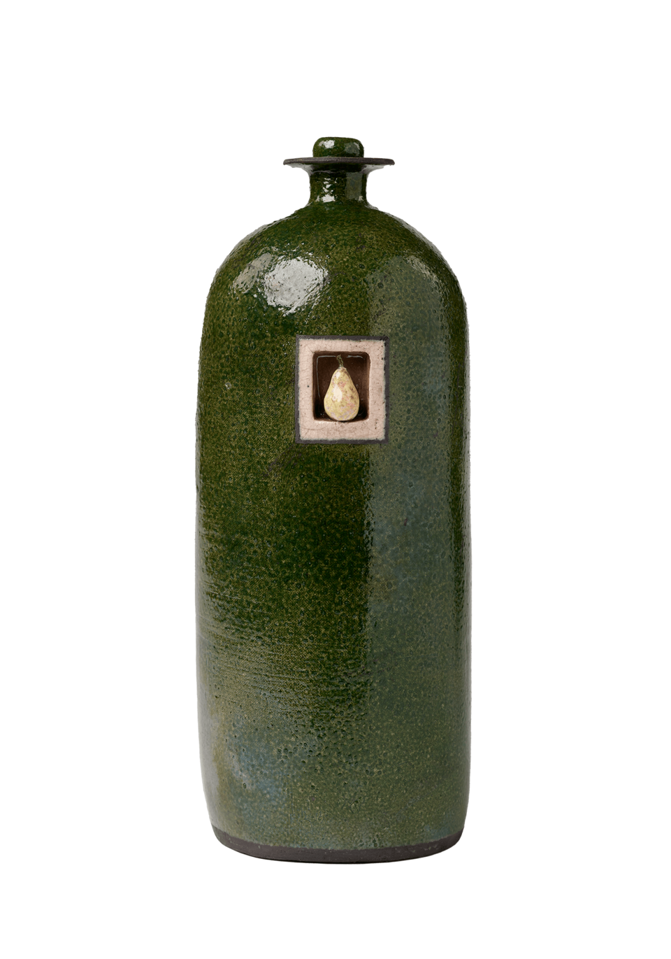Tall green bottle with a small neck and a thin, flat rim. Square cut out in the upper center of the bottle with a yellow 3-dimensional pear inside.