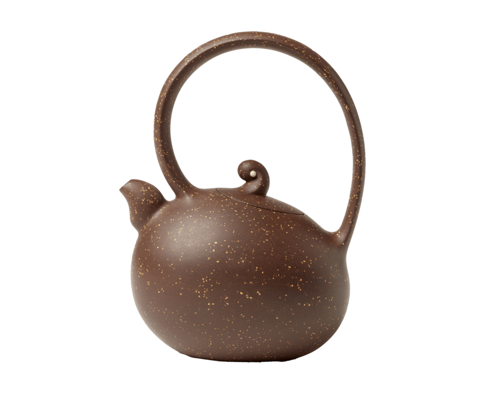 Bulbous dark brown teapot with thick, short spout. Tall curving handle and curled finial on top.