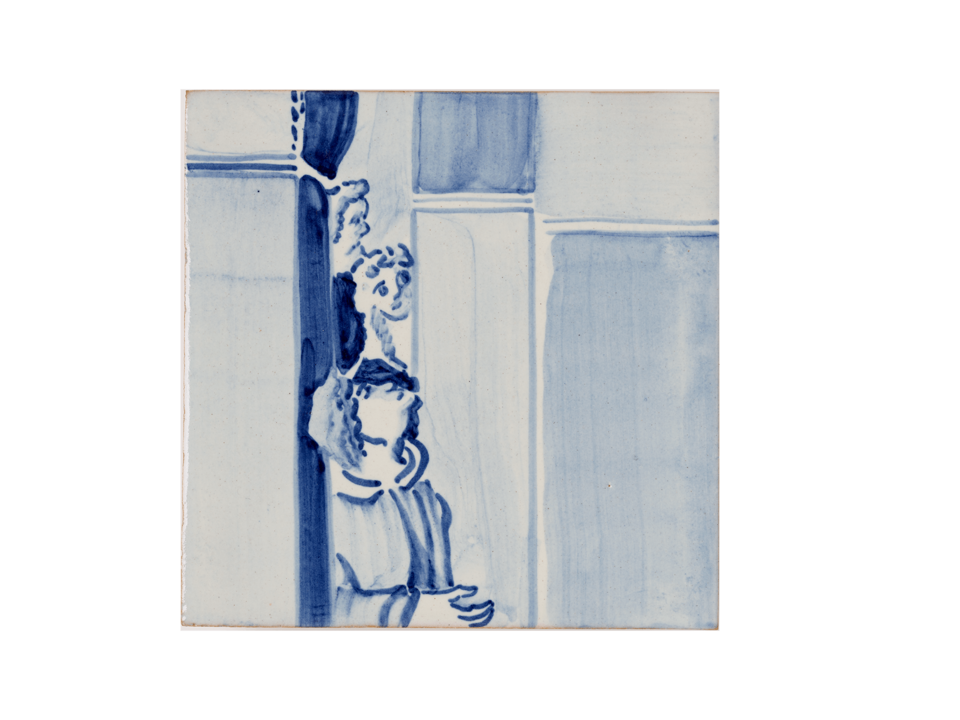 Ceramic tile with a painting of three figures looking from a doorway in blue glaze