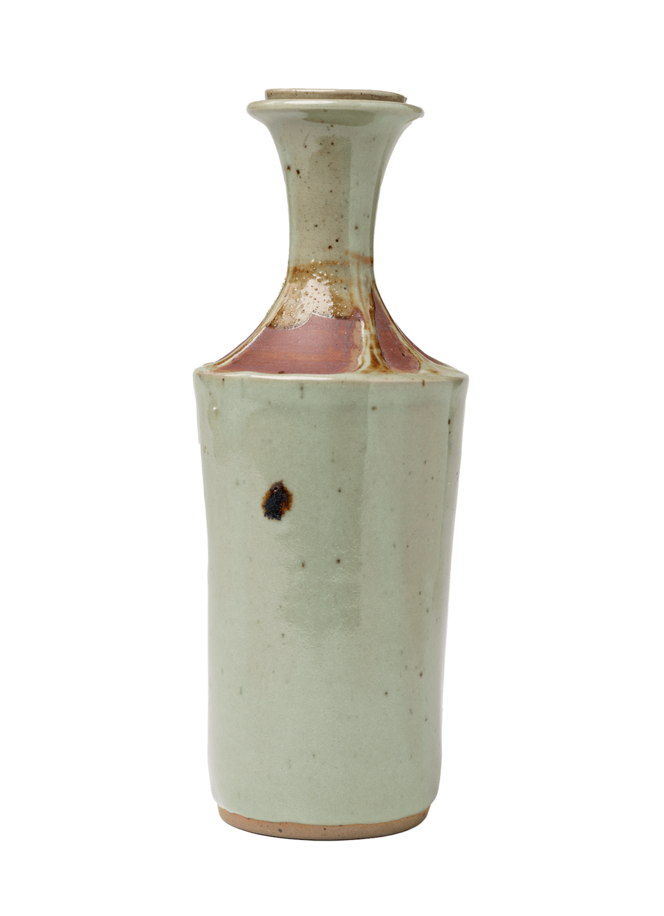 Bottled-shaped decanter with thin neck and flared rim. Light green body with rust colored shapes on the neck.