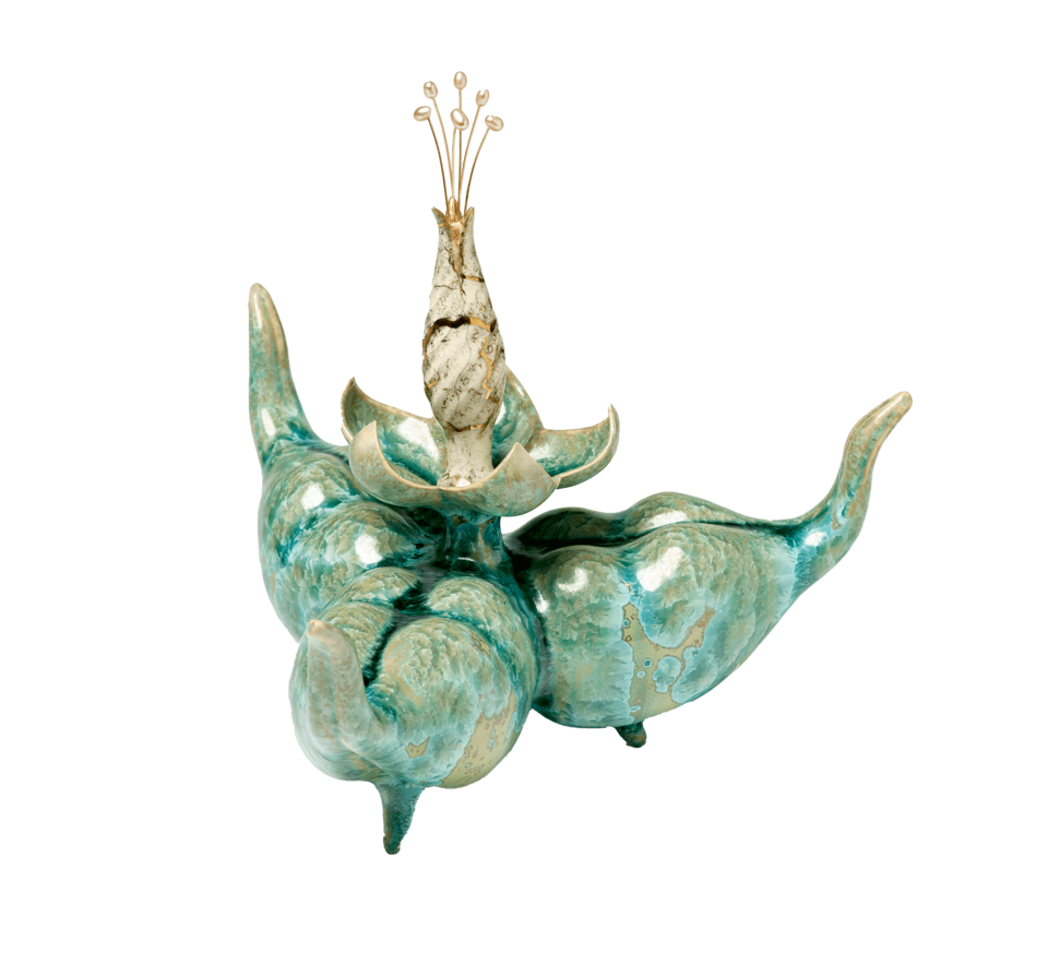 Bottle made up of three, rounded segments with curving ends pointed upward. Flower form in the center. Covered in a metallic blue-green glaze.