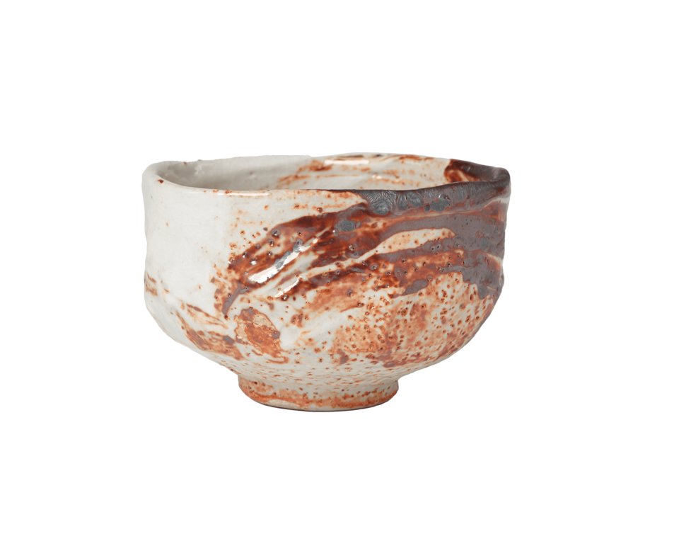 Bowl with round foot. Light grey body with streaks of light and dark red.