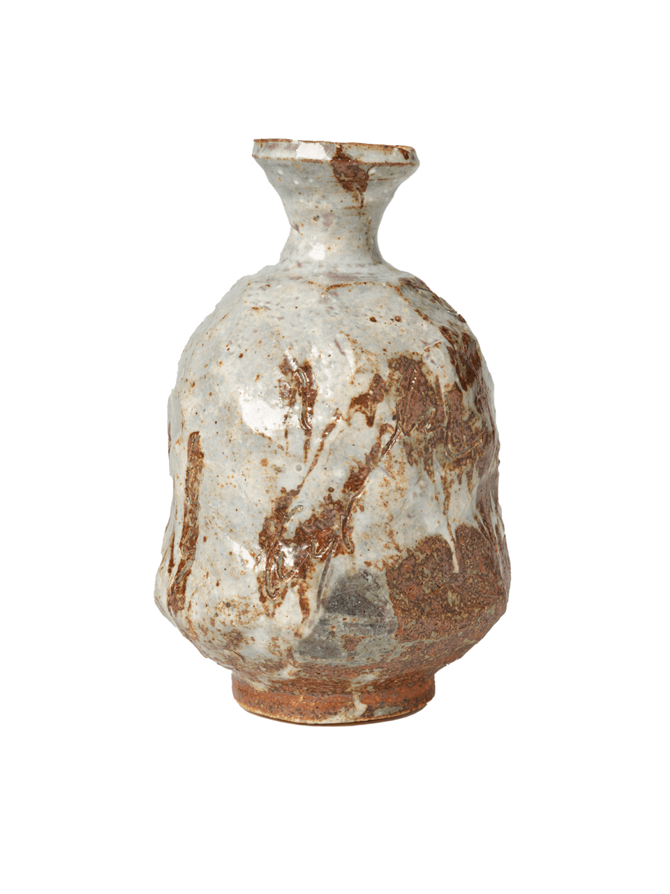Vase with a small neck and rounded foot. Covered in drips of grey and brown.