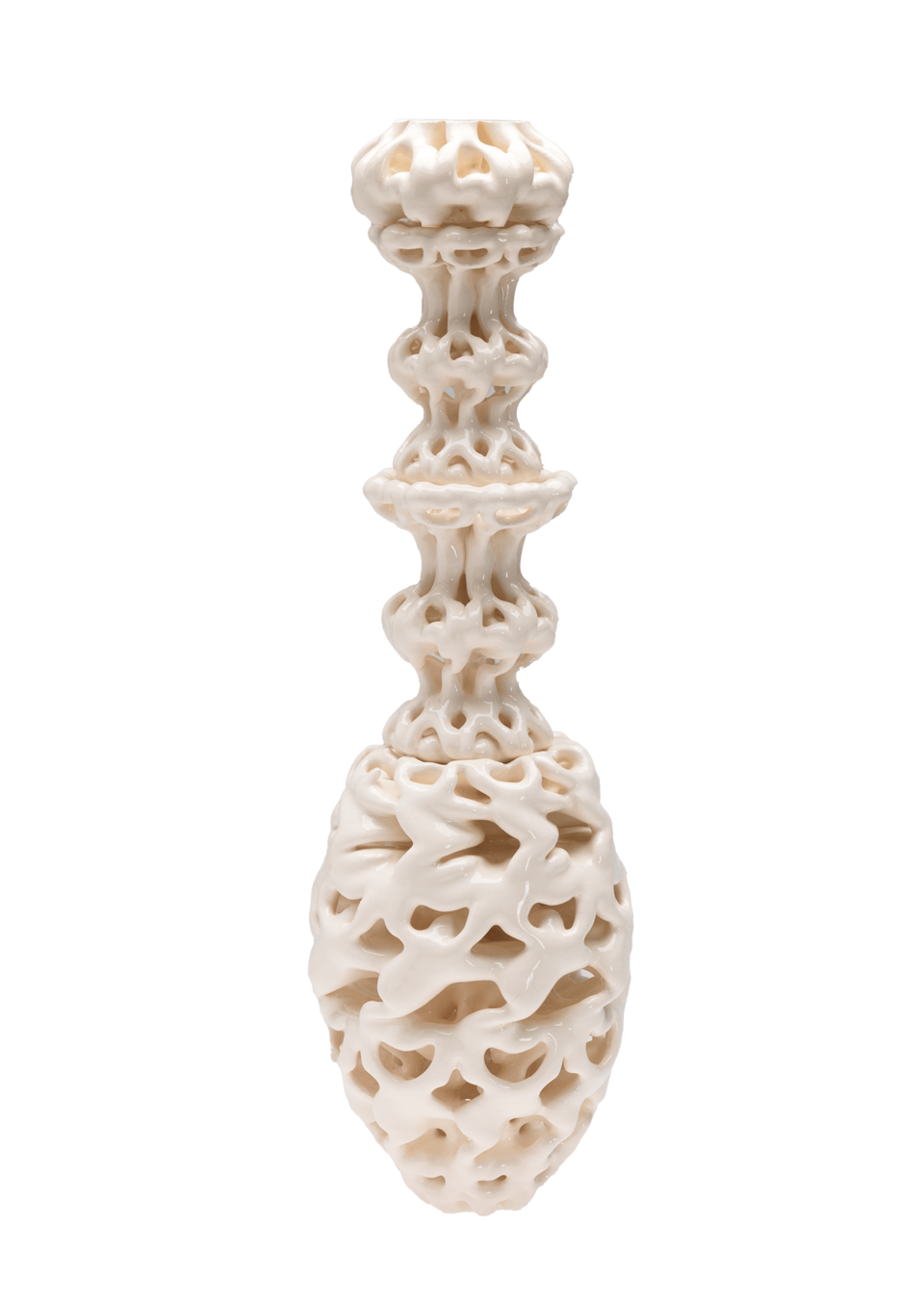 A tall, intricate white sculpture 