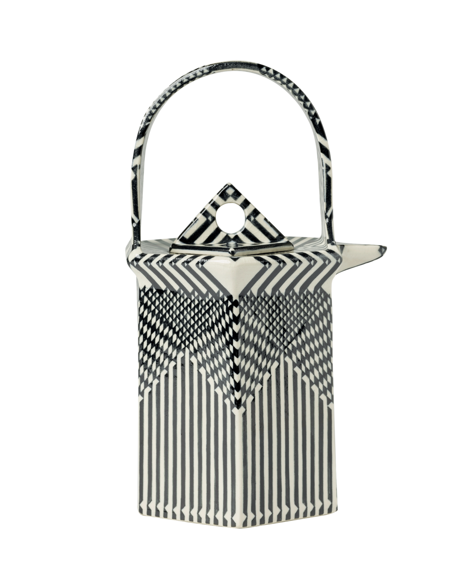 Black and white teapot with flat sides and a geometric design.