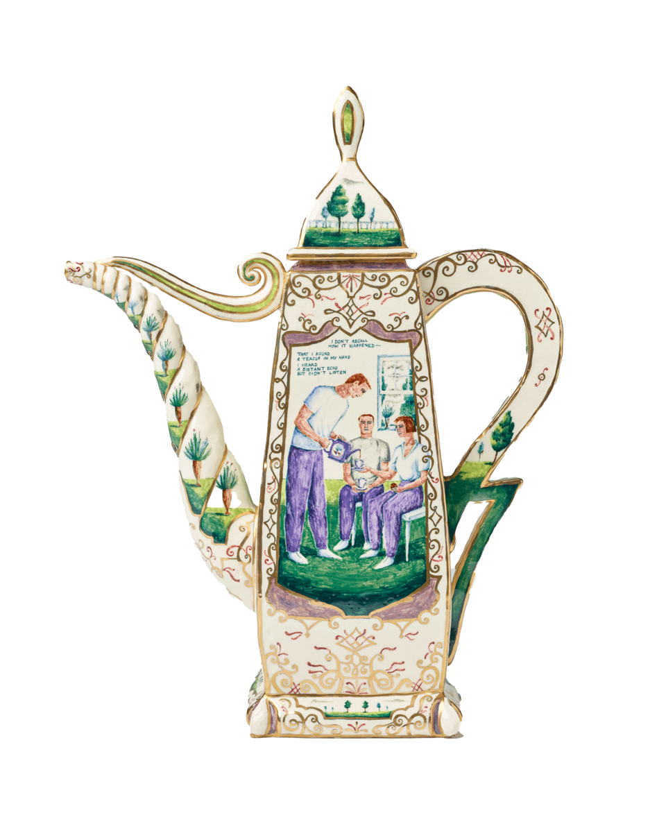 A cream-colored teapot with gold designs. In the center image, a standing figure pours tea to two seated figures. Text above their heads reads: “I don’t recall how it happened[,] that I found a teacup in my hand[,] I heard a distant echo but didn’t listen.”