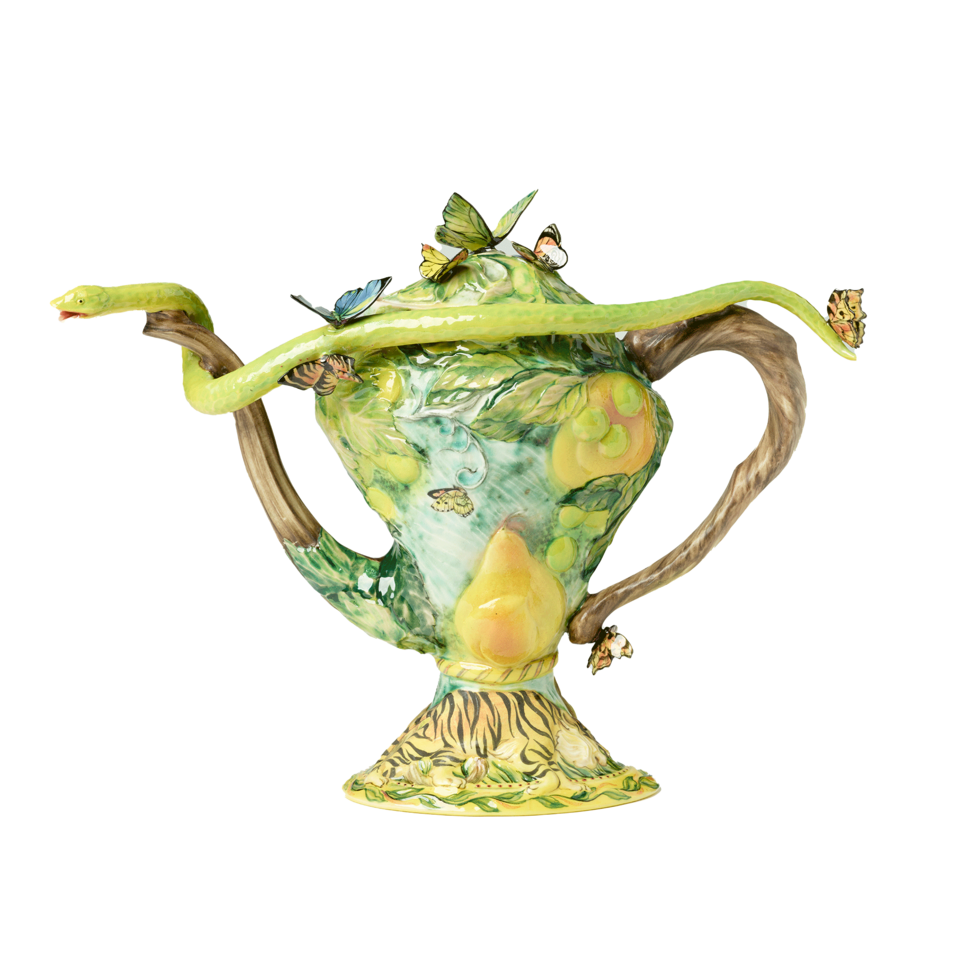 Teapot with leaves, pears, and butterflies on body. Tiger on the base. 3-dimensional butterflies on top of teapot and handle. Green 3-dimensional snake stretches from spout to handle.