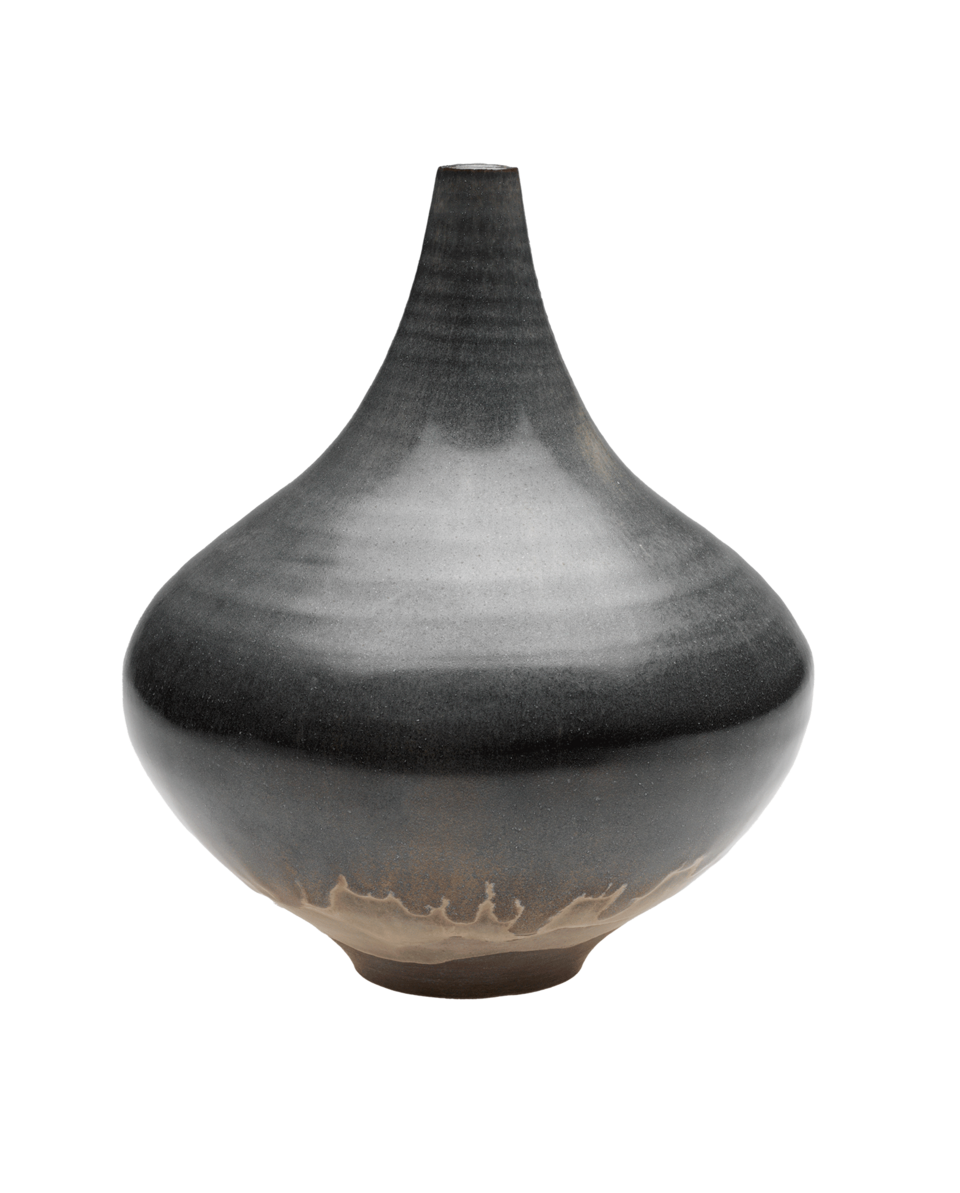 Black stoneware vessel with a tall narrow opening at the top tapering to a wider round base 