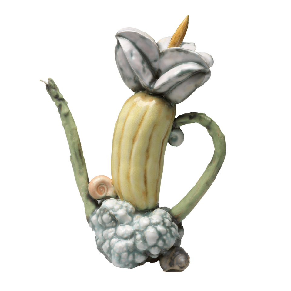 A teapot in the form of different vegetables and mollusks, glazed in pale green, yellow, and blue colors.