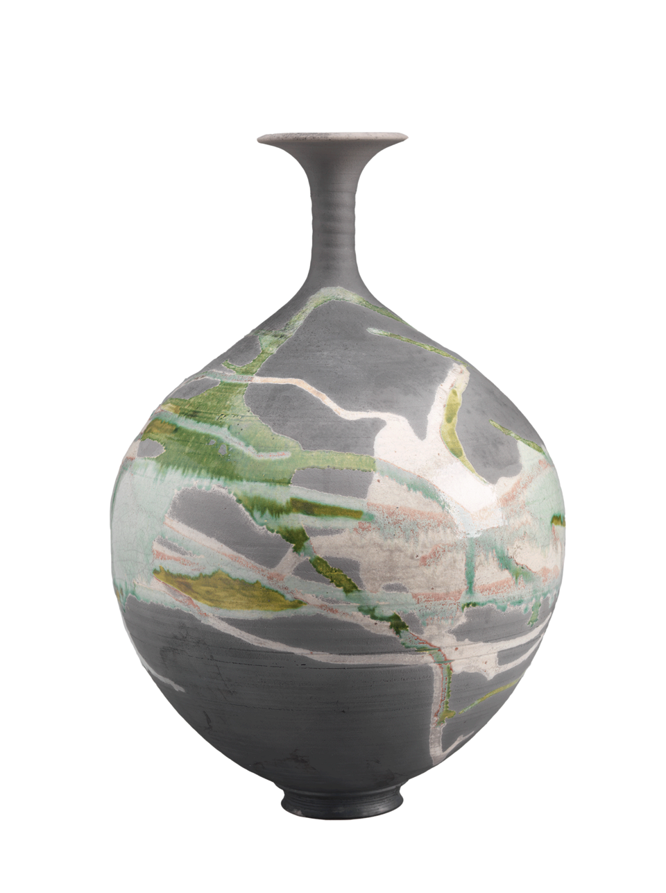Bulbous gray vessel with skinny neck and flared top. Covered all the way around in splashes of green and pink glaze. 