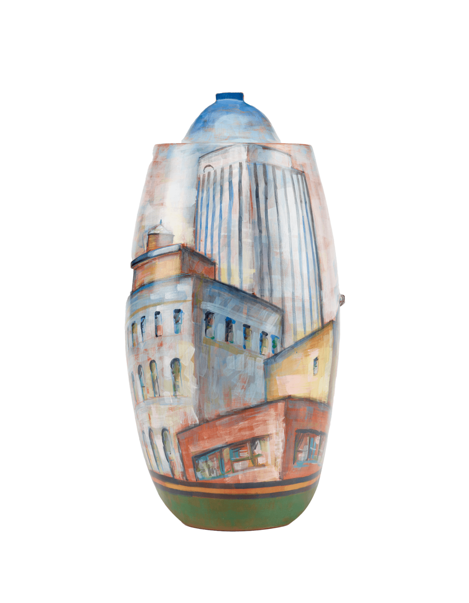 Tall vessel with painted images of modern buildings. A small, blue-painted domed form on top.