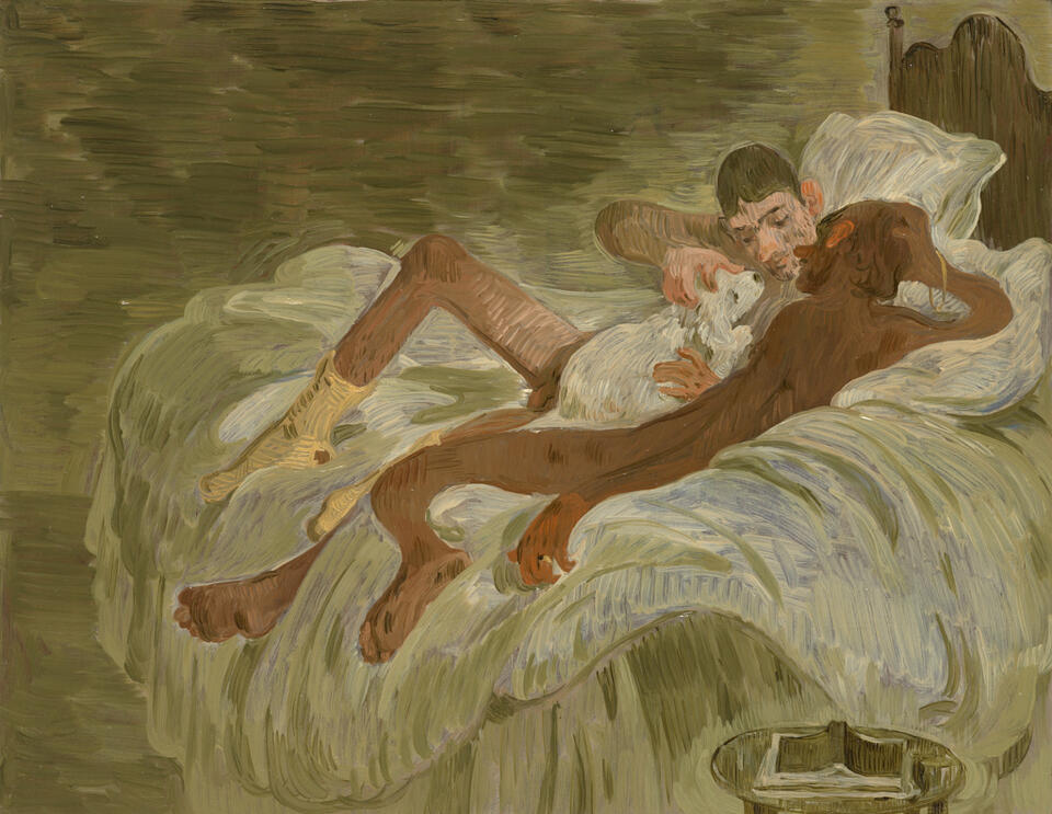 Painting of two nude young men--one dark-skinned, the other light-skinned. They relax on a bed and affectionately cuddle with a small white dog. Brushwork is loose and palette is muted.