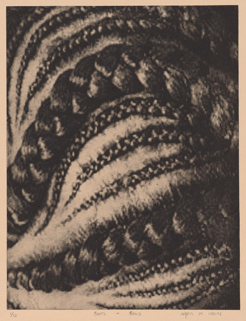 Abstracted design in black on tan paper, portrait orientation. Softly textured bands repeatedly arc across the page.