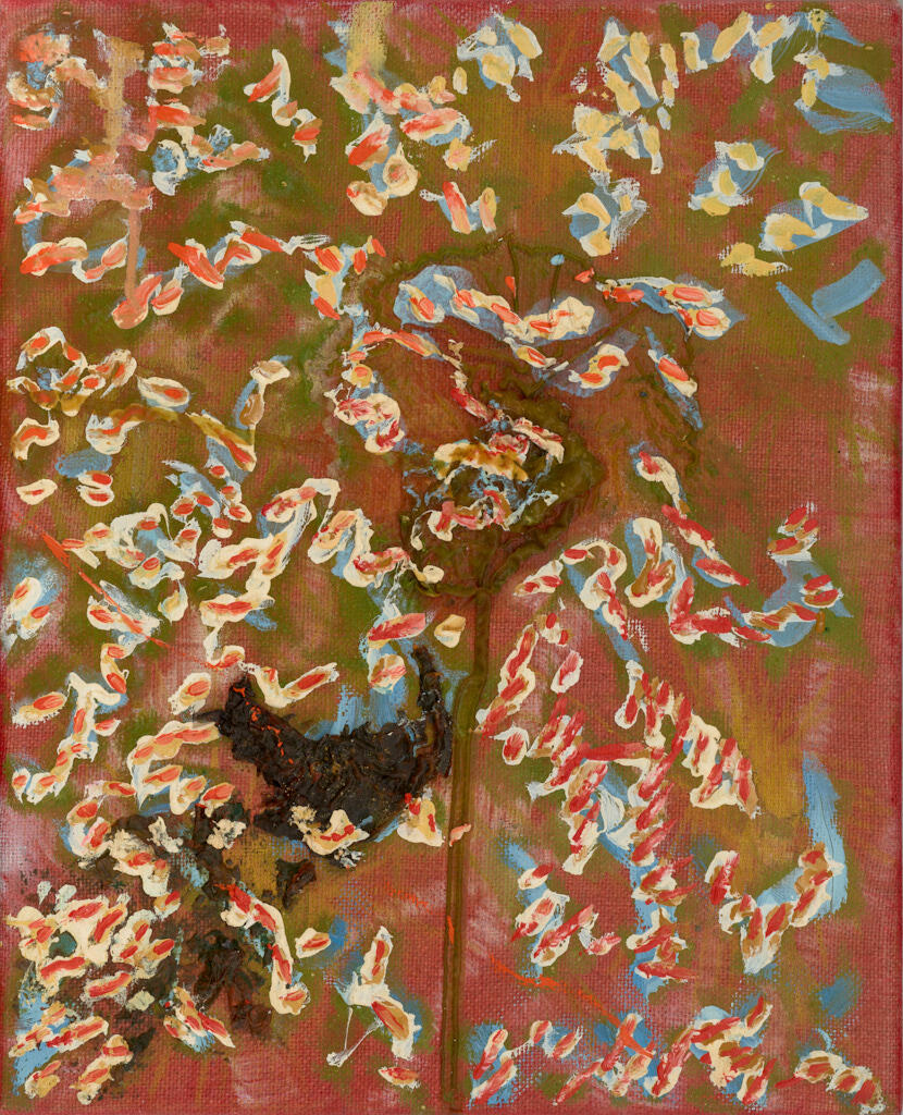 Many small cream, red, blue and gold abstract marks. They float in what feels like random placement on a brown and black background. 