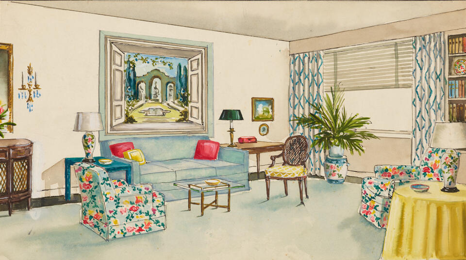 Colored-pencil drawing of an interior with a pale blue sofa, two floral upholstered chairs, and other furniture. A window with roman blinds and blue and white drapes is at right.