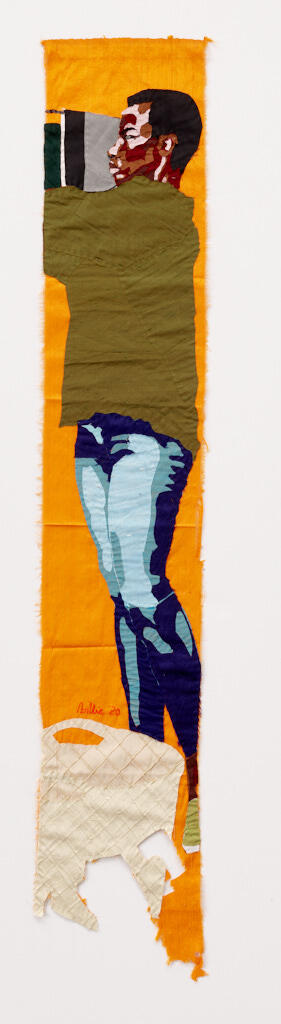 A dark-skinned person stands in profile, presented within a long, narrow vertical rectangle with an uneven bottom edge. They wear a green shirt and bluejeans. Background is orange and cream. 