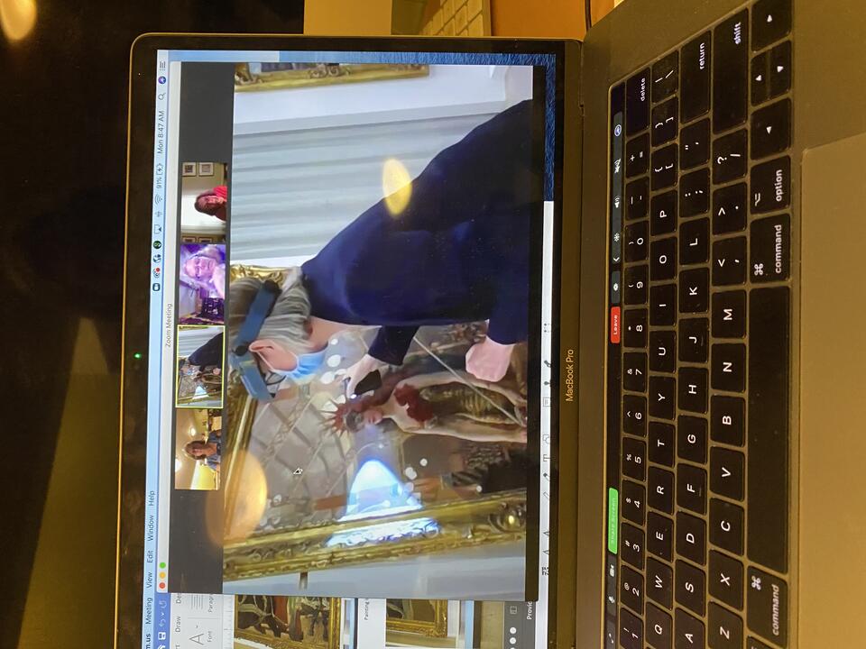Screenshot of a Zoom session. In the main image, a masked figure interacts with a painting. A gallery of participants watches at the top.