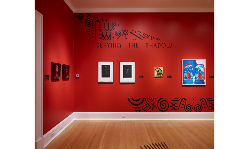 Gallery with red walls hung with several works. The wall is embellished with black designs and text that reads: “Defying the Shadow.”