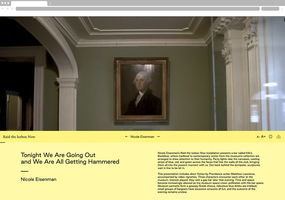 Screenshot. Portrait of George Washington hangs on a wall. Text below says: “Tonight We Are Going Out and We Are All Getting Hammered. Nicole Eisenman.” Two paragraphs discuss this exhibition.