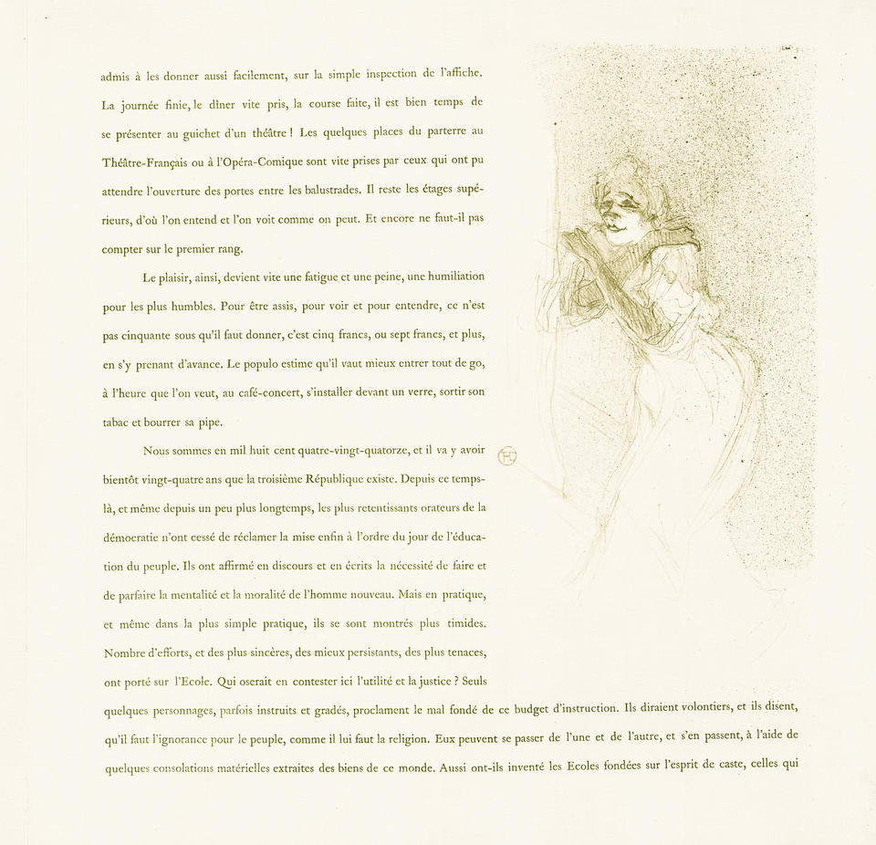 Illustration and text from 'Yvette Guilbert'. Guilbert in performance, her gloved arms crossed and her hands on her shoulders. Accompanied by paragraphs of text in French.