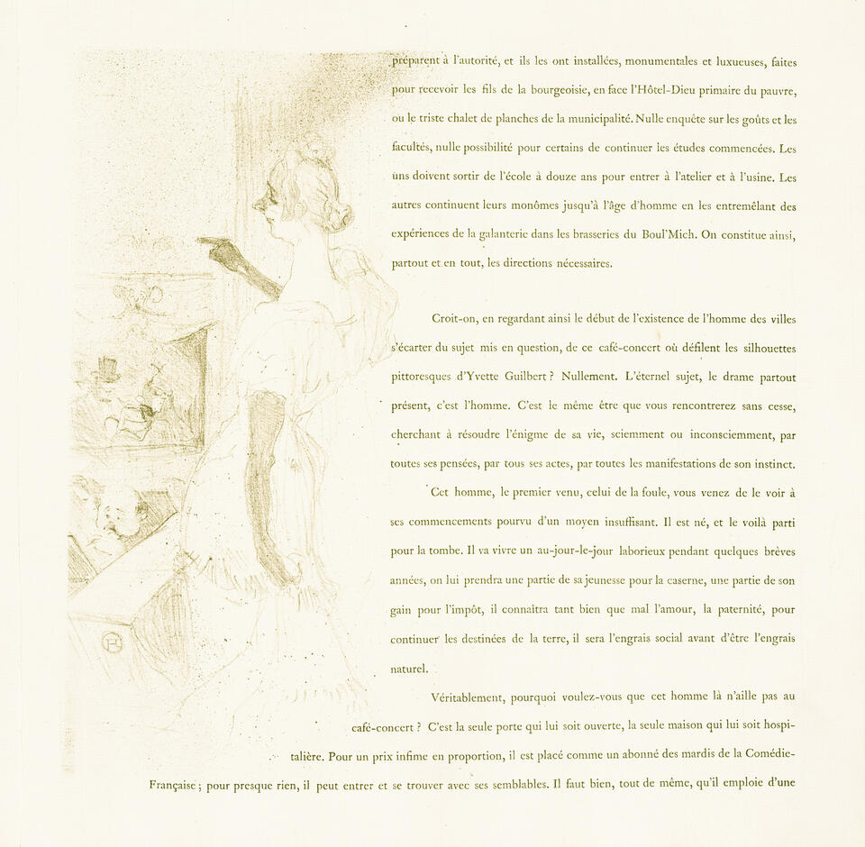 Illustration and text from 'Yvette Guilbert'. Guilbert is in performance, seen diagonally from behind. She gestures with one gloved hand to the audience. Accompanied by paragraphs of text in French.