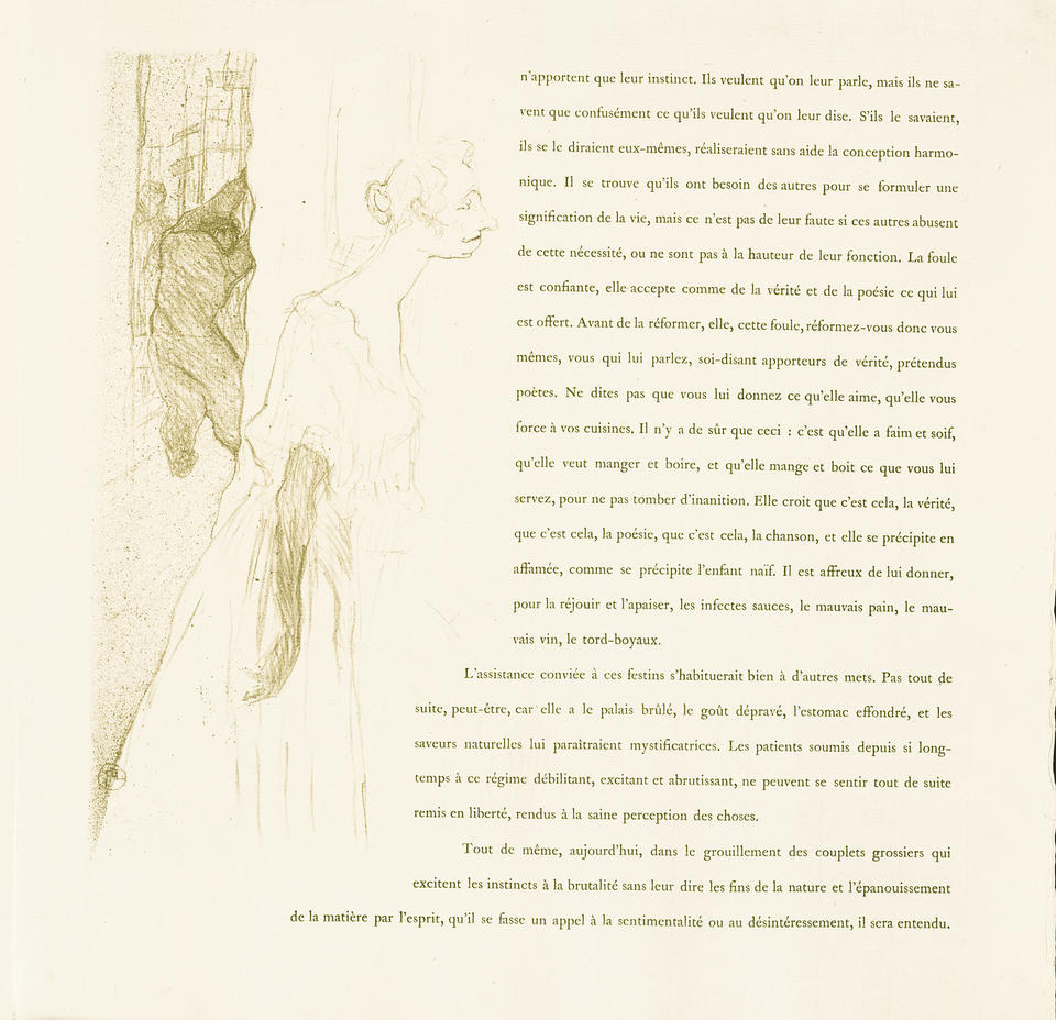 Illustration and text from 'Yvette Guilbert'. Guilbert is in profile, performing. She leans toward the audience while we also catch a glimpse backstage. Accompanied by paragraphs of text in French.