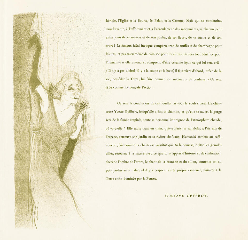 Illustration and text from 'Yvette Guilbert'. Bowing slightly, Guilbert reaches up, clutching the edge of the theater curtain with one gloved hand. Accompanied by paragraphs of text in French.