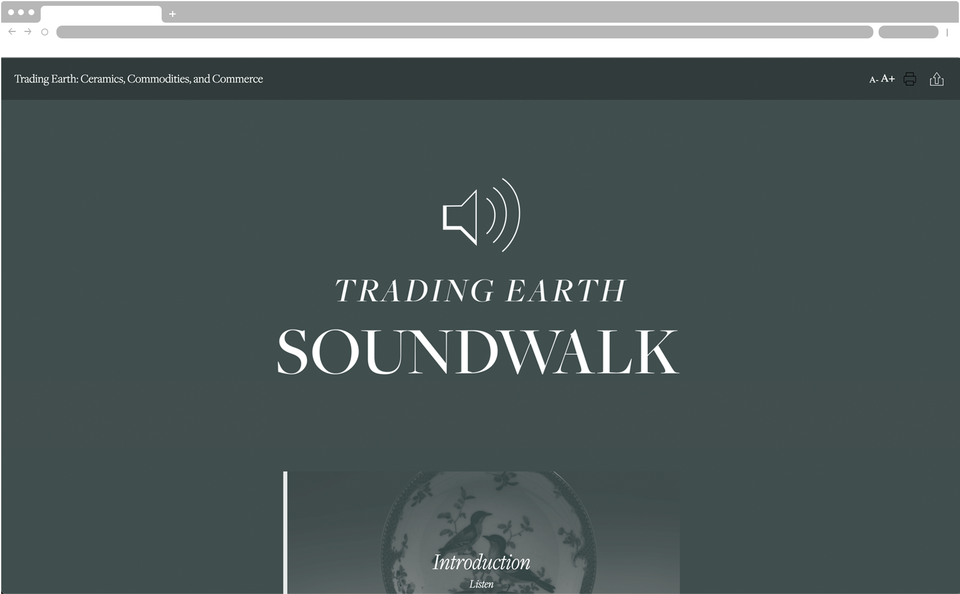 Screenshot of a slate-gray webpage. The top left reads “Trading Earth: Ceramics, Commodities, and Commerce”. In the center reads “Trading Earth SoundWalk”. Below is an image of a plate with birds, and above is an audio symbol.