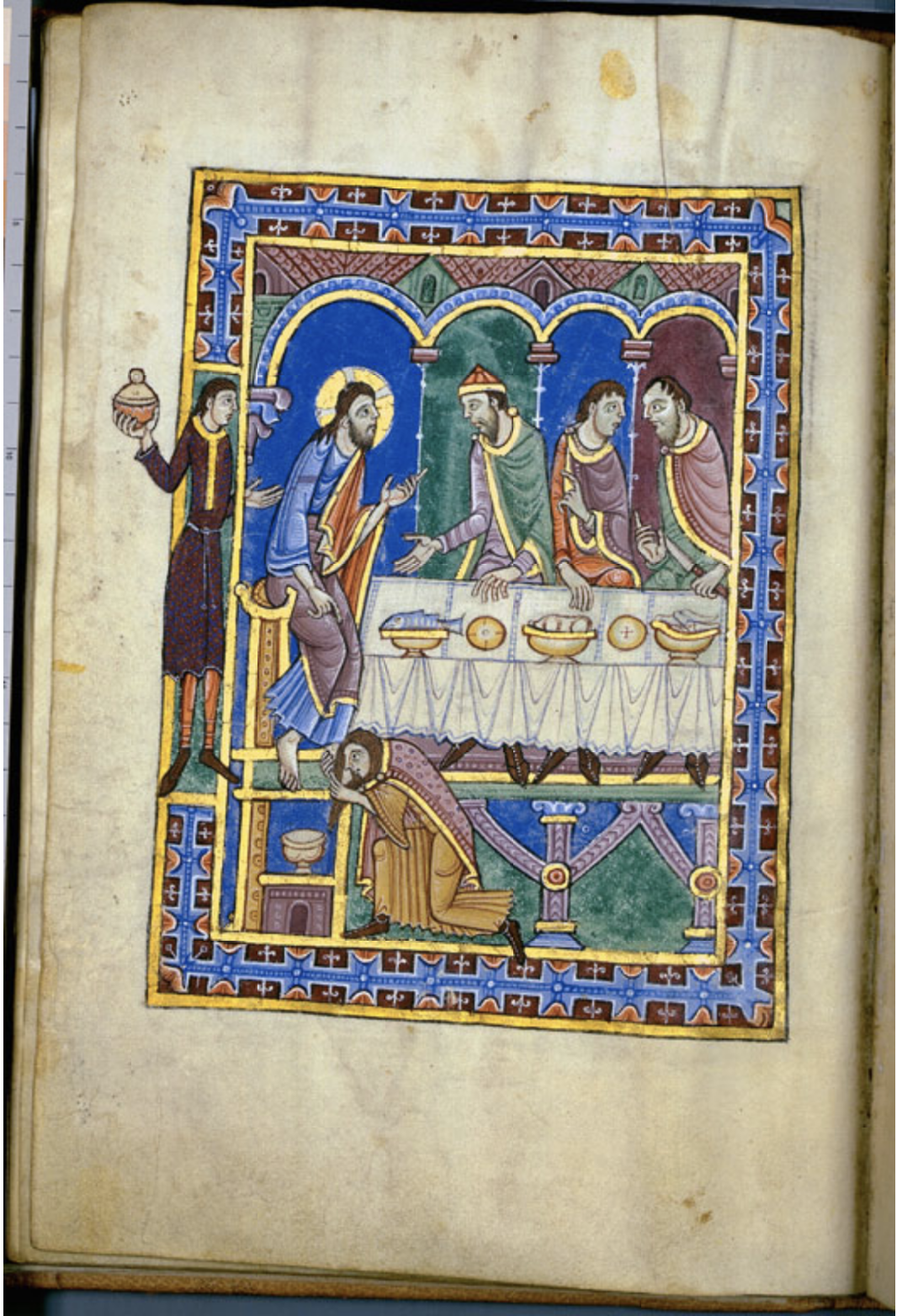 page from 12th century psalter, where christ sits at a table in the house of simon the pharisee