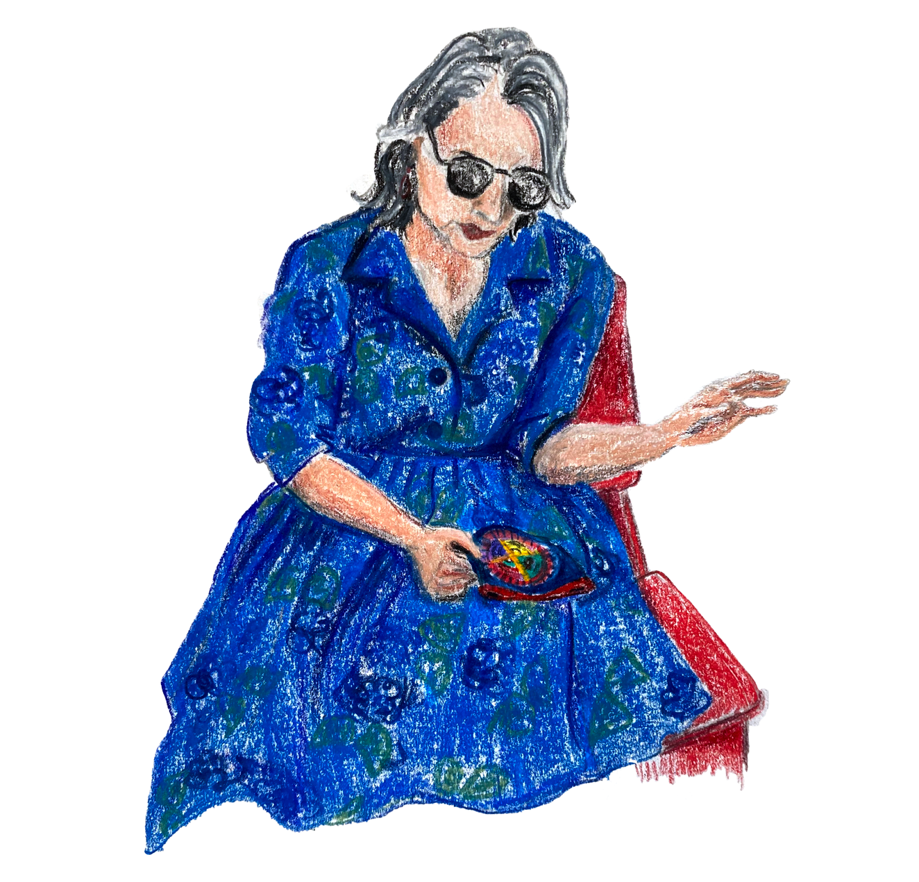 Colored pencil drawing of a white middled aged woman in a bright blue dress and sunglasses. Sh is seated on a red chair and holds a colorfully embroidered purse in her right hand.