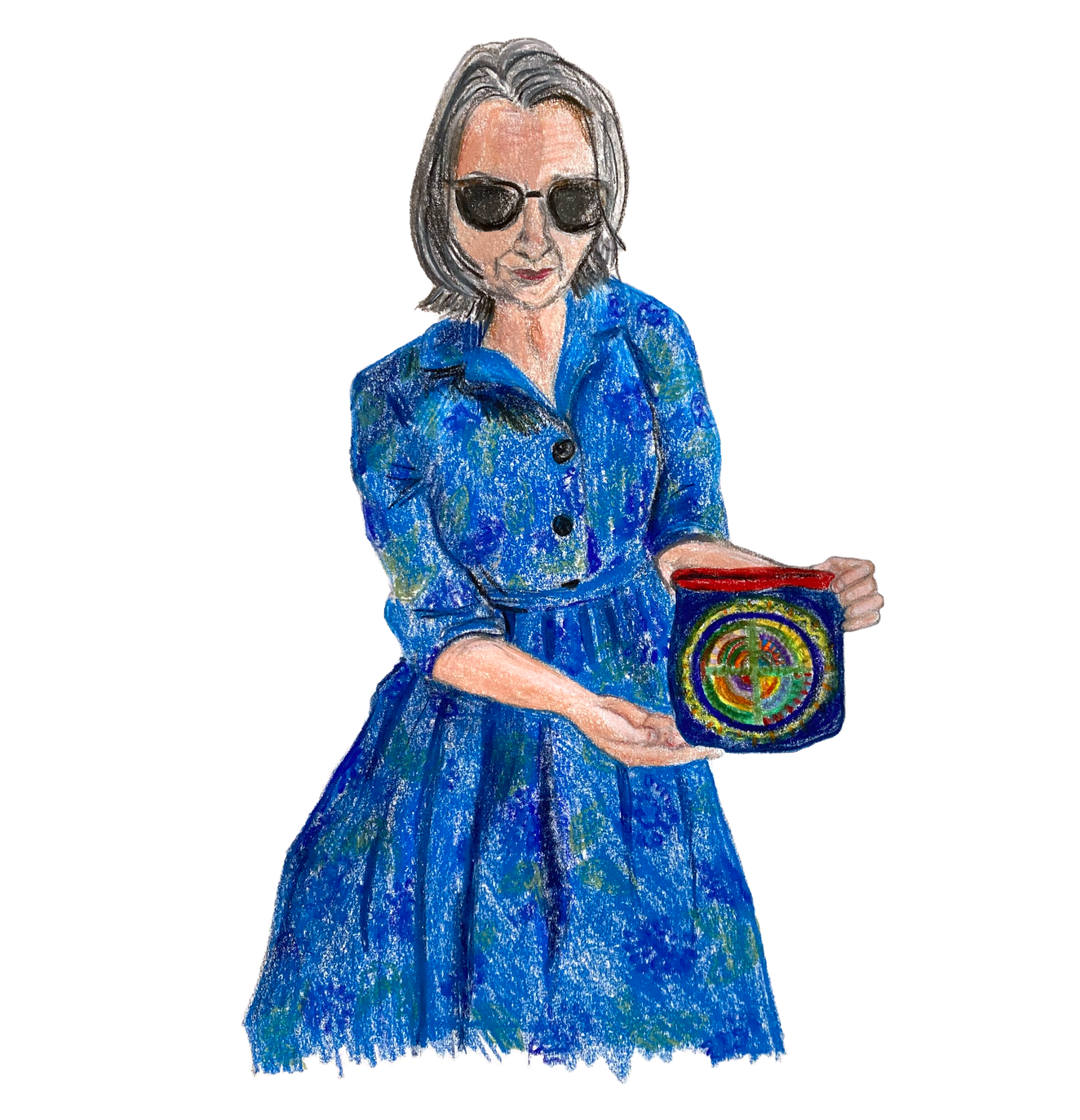 Color pencil drawing of a middle aged white woman in a bright blue dress and sunglasses holding a colorfully embroidered small purse. She is standing; the image extends to her knees.